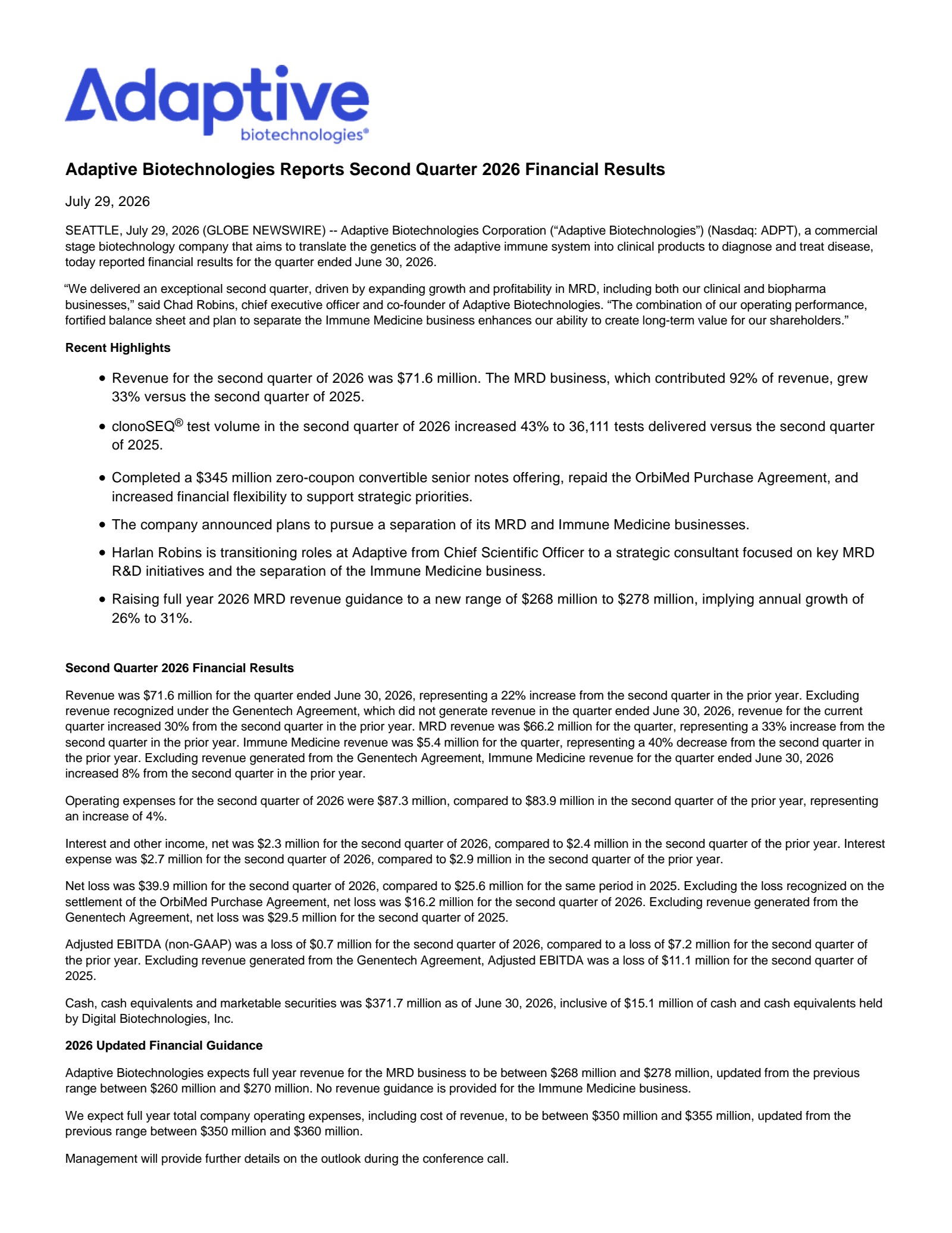 Adaptive Biotechnologies' Q2 2026 Press Release