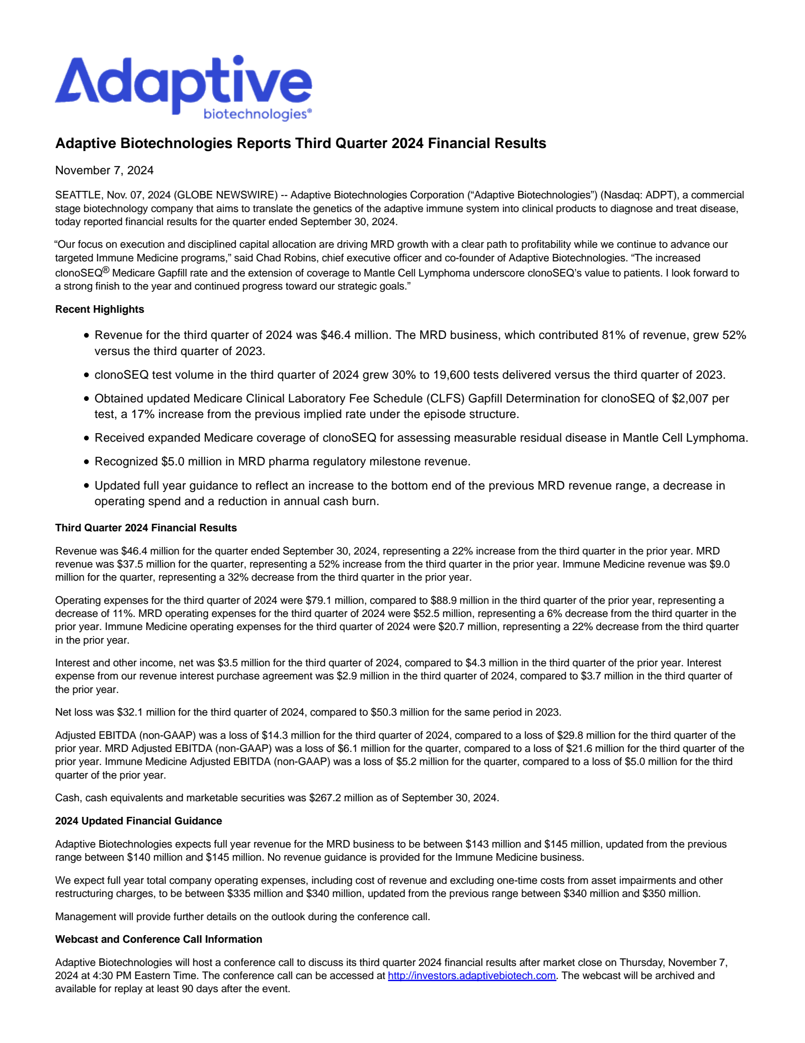 Adaptive Biotechnologies' Q3 2024 Press Release