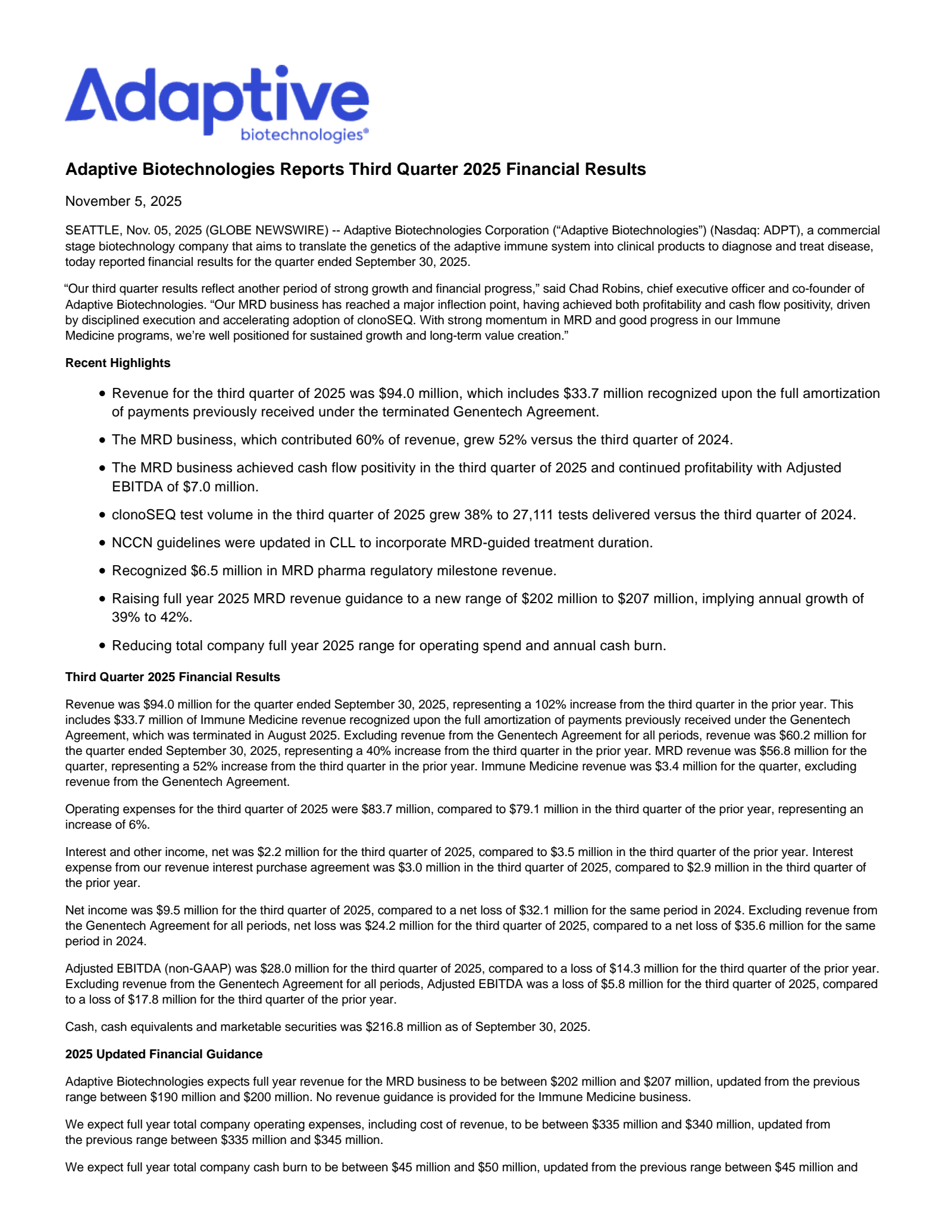 Adaptive Biotechnologies' Q3 2025 Earnings Release