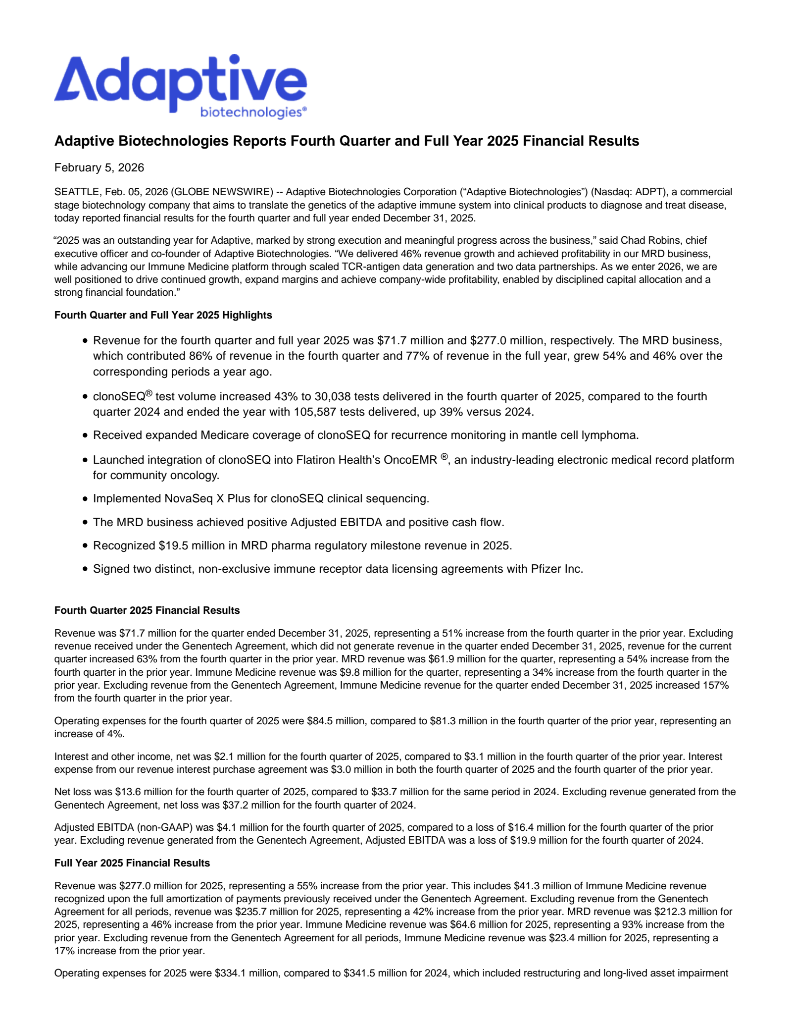 Adaptive Biotechnologies' Q4 2025 Press Release