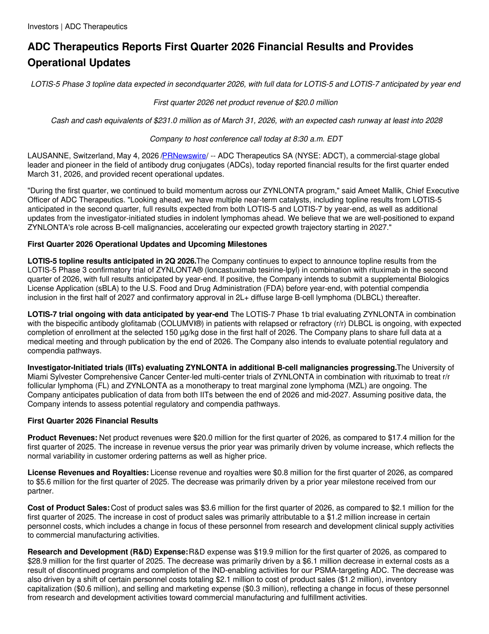 ADC Therapeutics' Q1 2026 Press Release