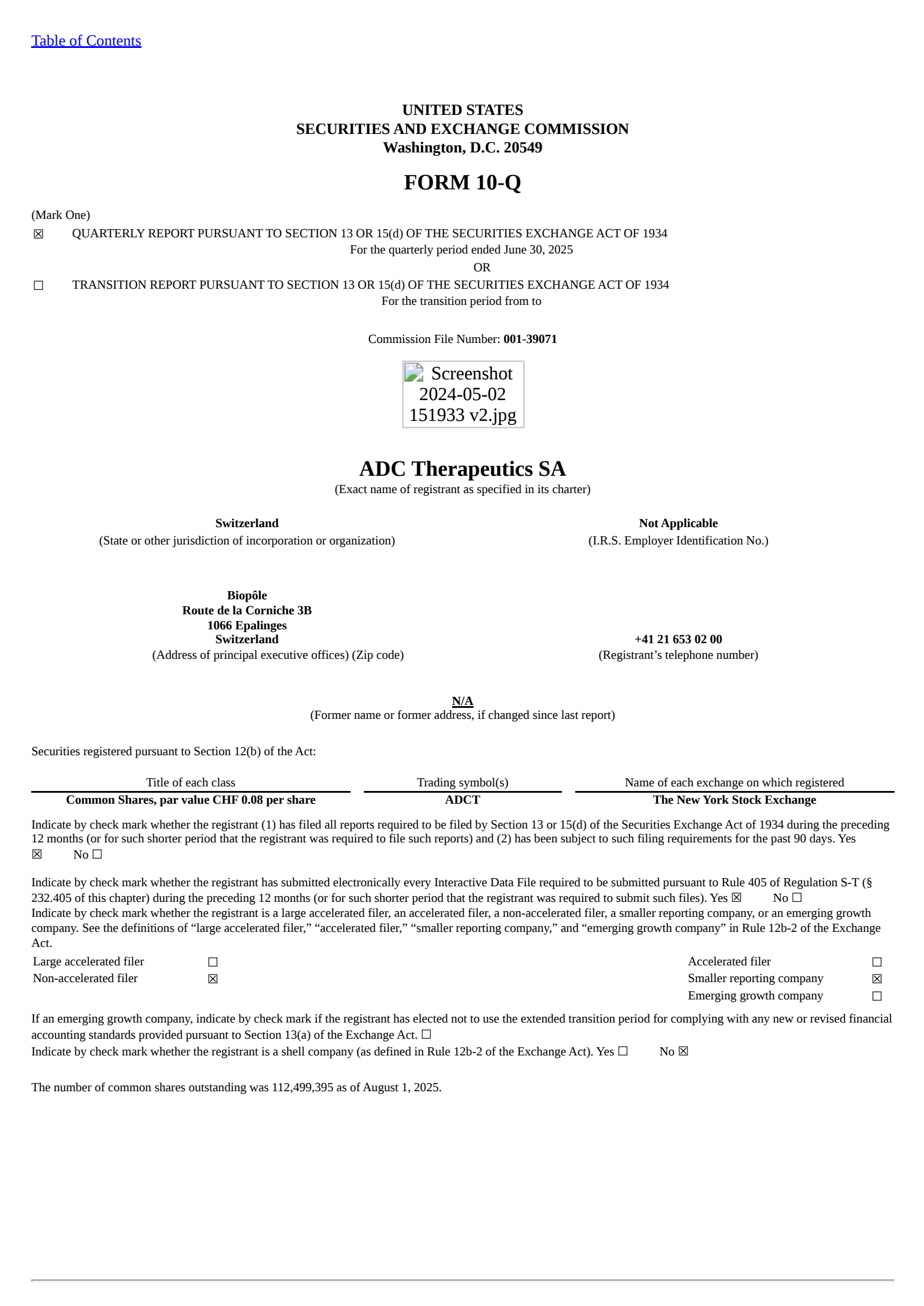 ADC Therapeutics' Q2 2025 Quarterly report