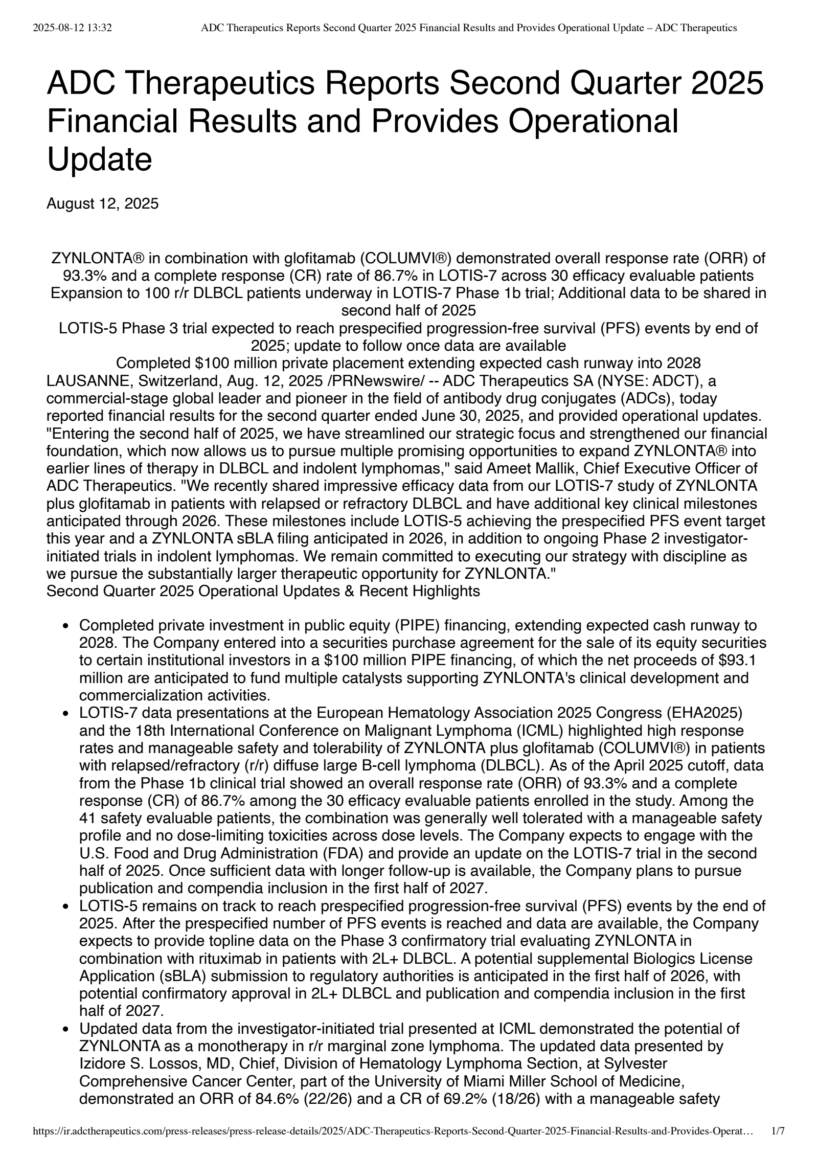 ADC Therapeutics' Q2 2025 Press Release