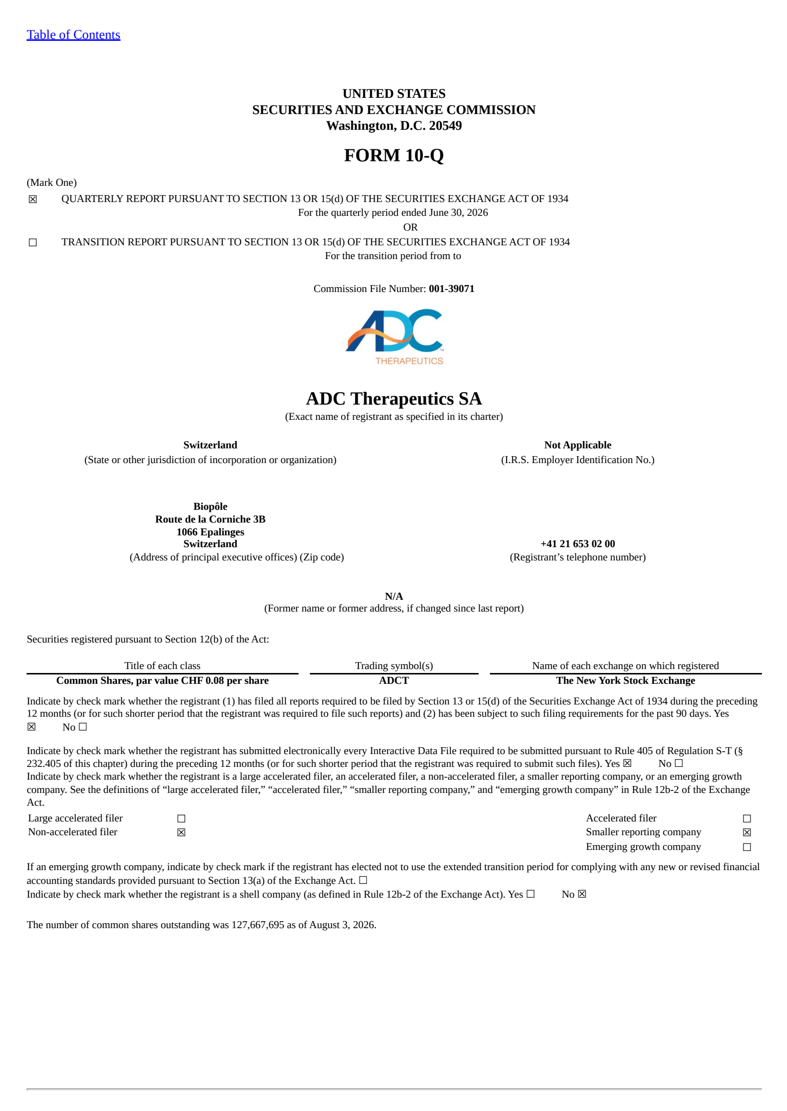 ADC Therapeutics' Q2 2026 Quarterly report