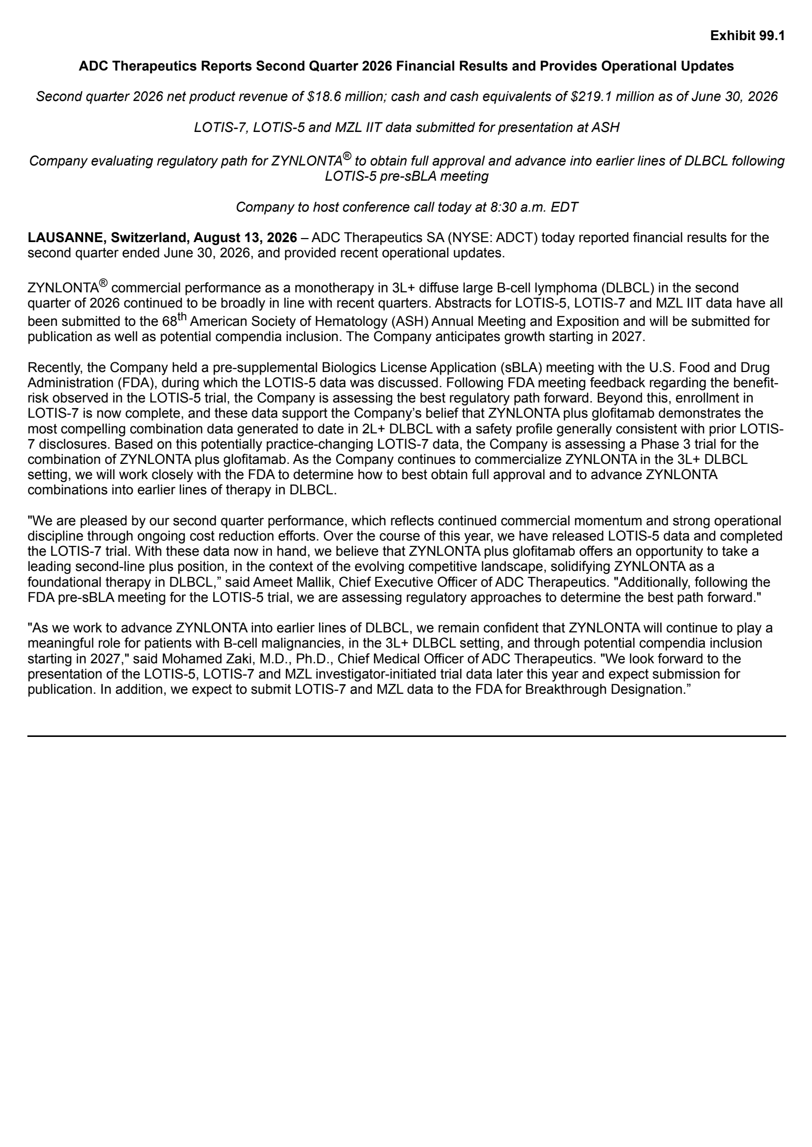 ADC Therapeutics' Q2 2026 Press Release