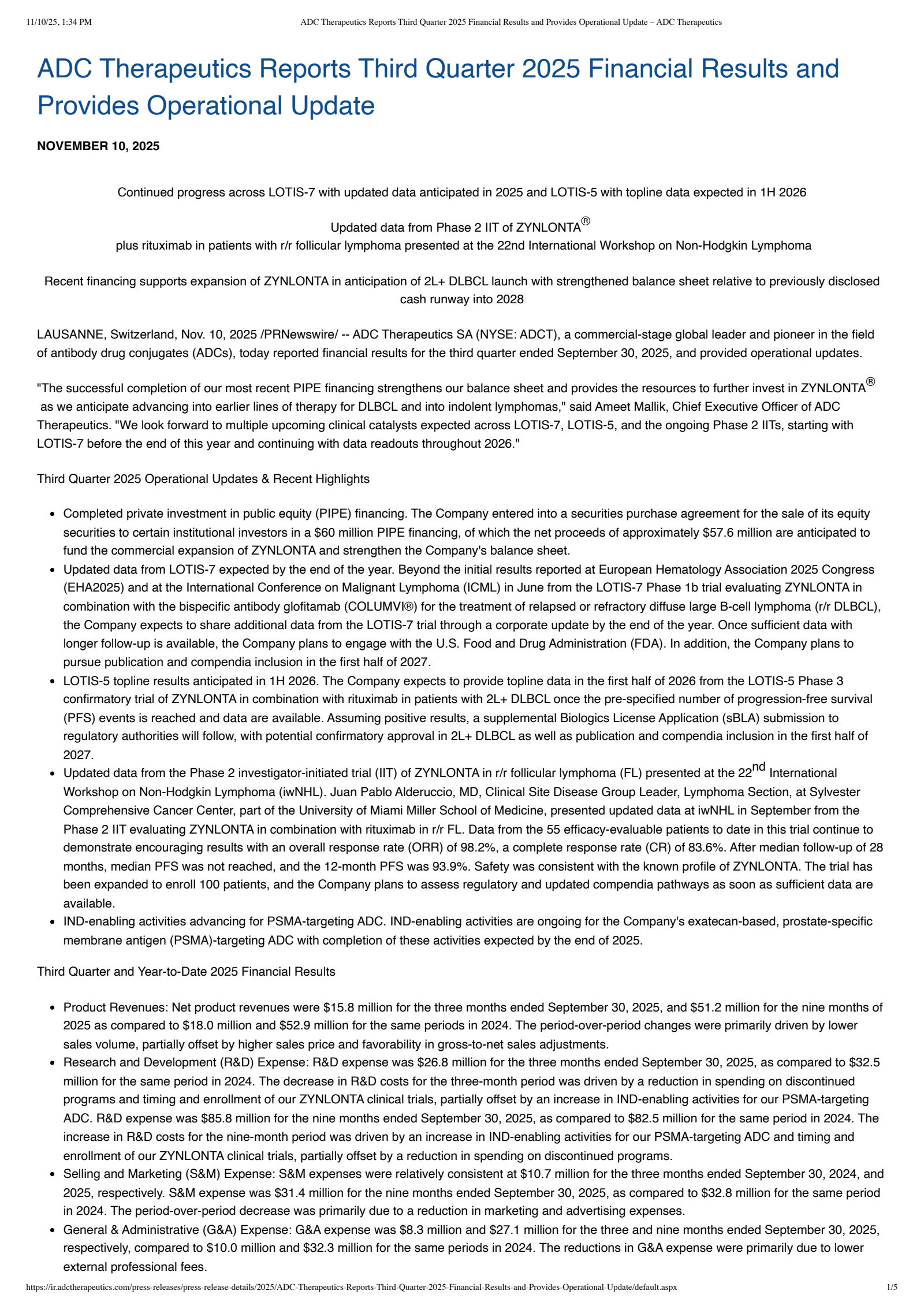 ADC Therapeutics' Q3 2025 Earnings Release