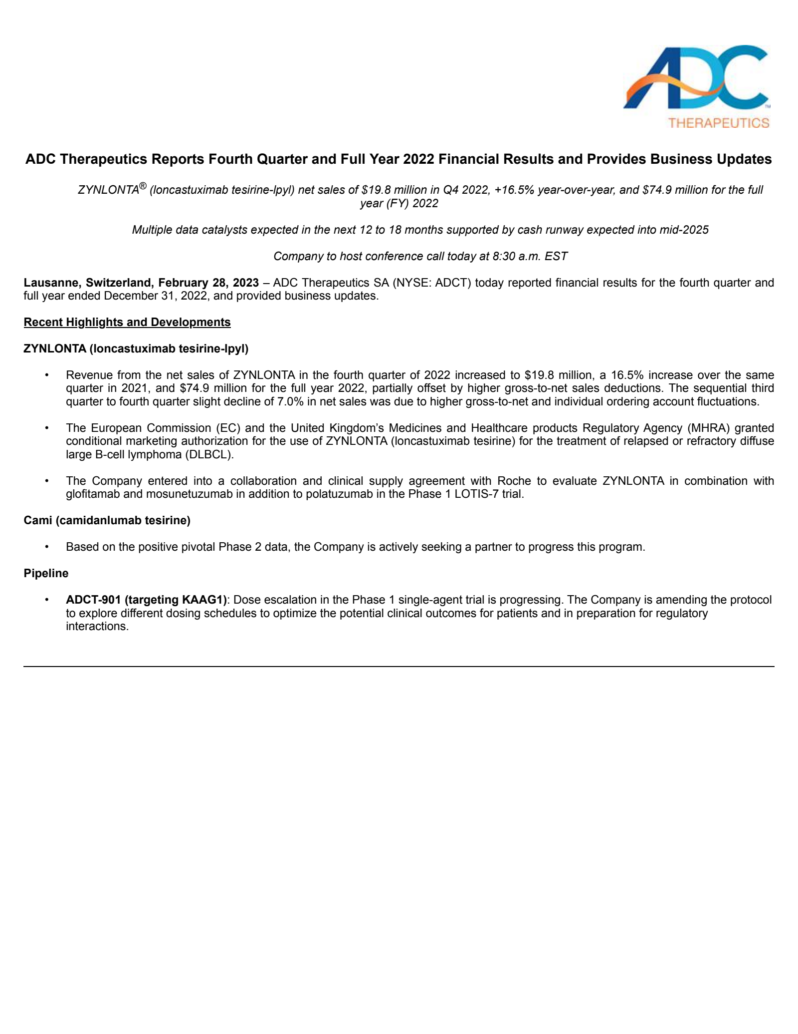 ADC Therapeutics' Q4 2022 Press Release
