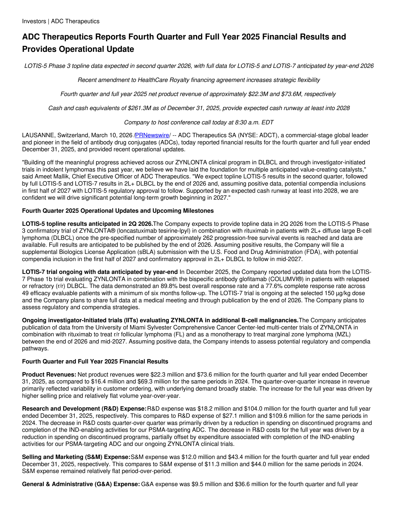 ADC Therapeutics' Q4 2025 Press Release