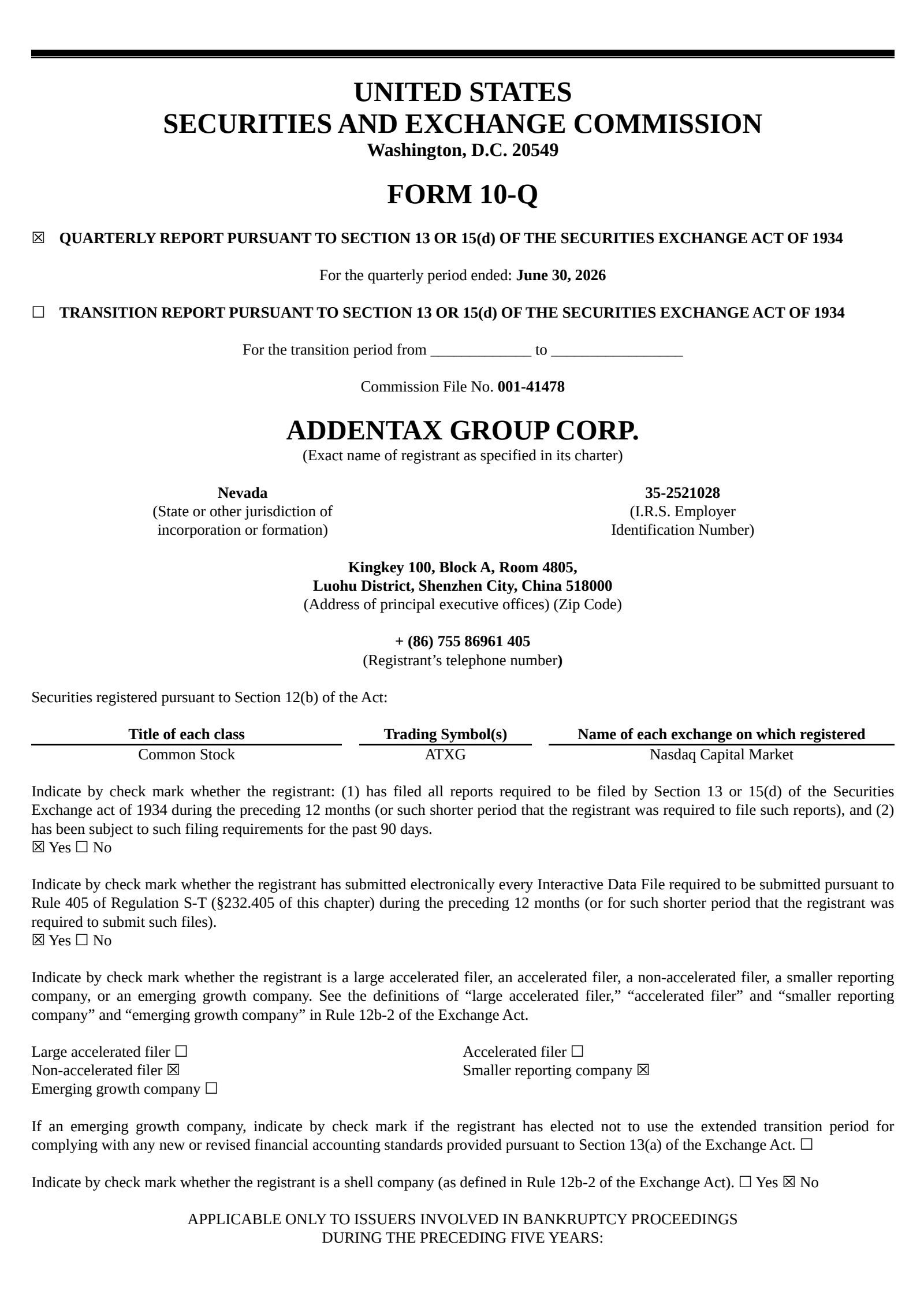 Addentax Group's Q1 2027 Quarterly report