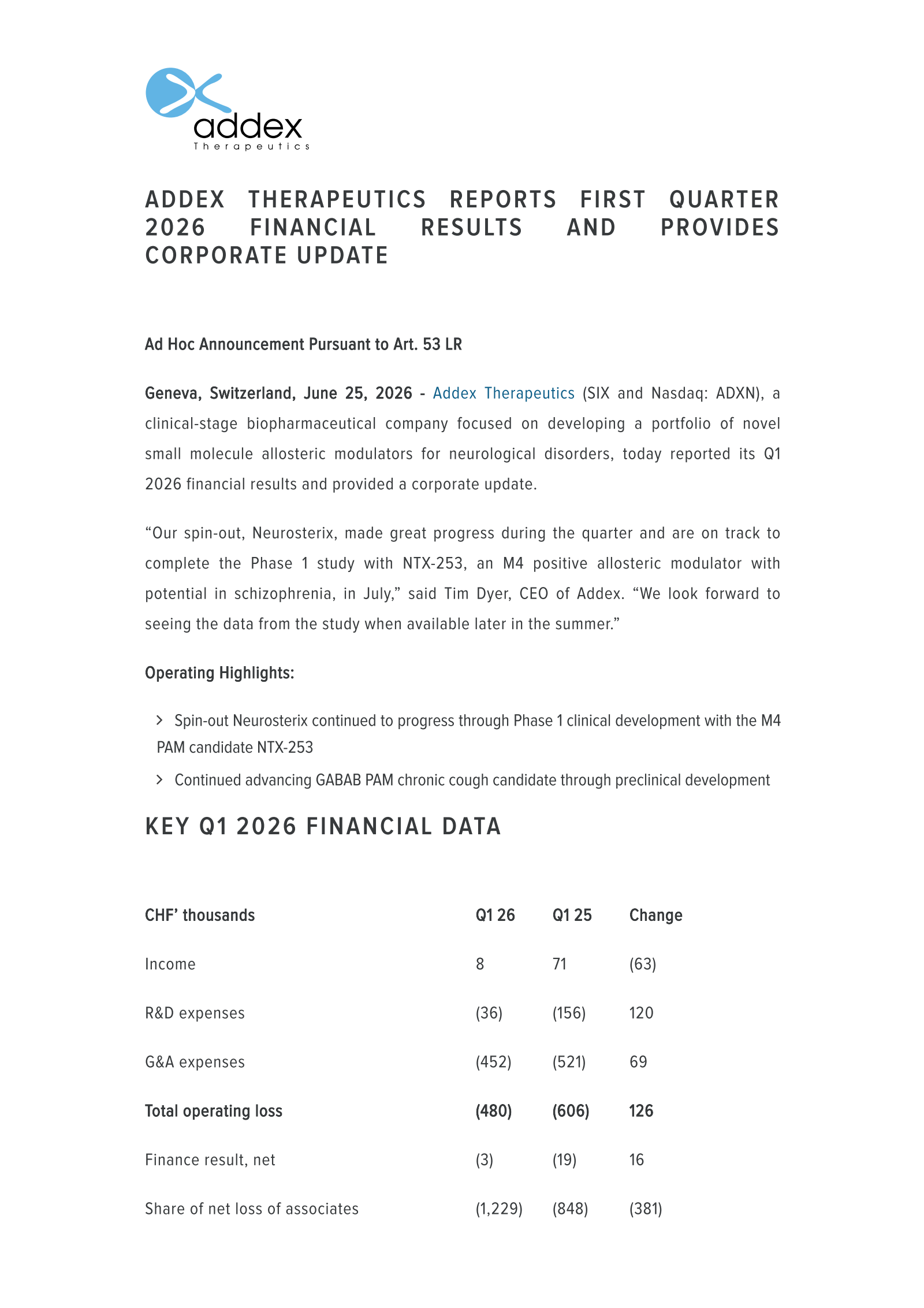 Addex Therapeutics' Q1 2026 Press Release