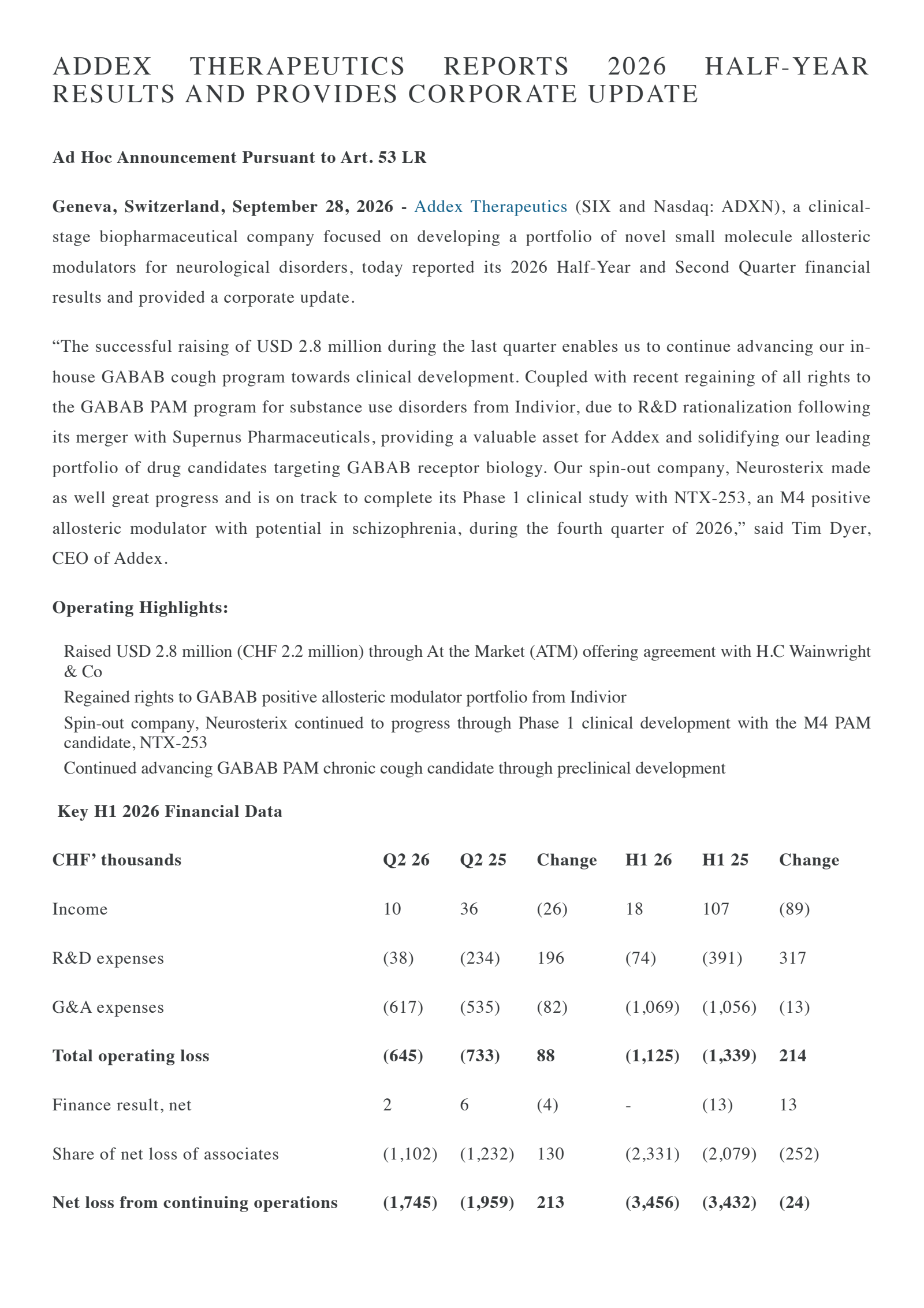 Addex Therapeutics' Q2 2026 Press Release