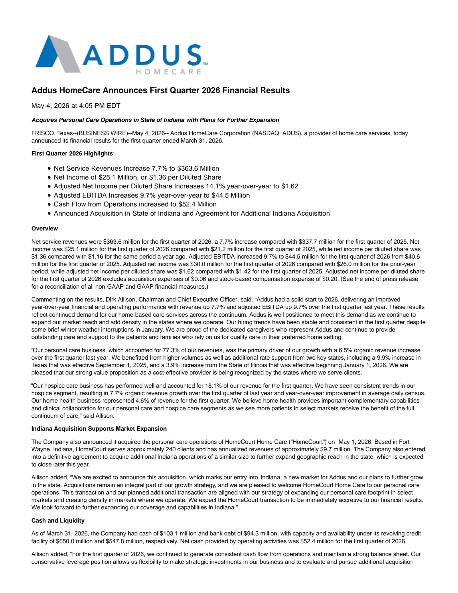 Addus HomeCare's Q1 2026 Press Release