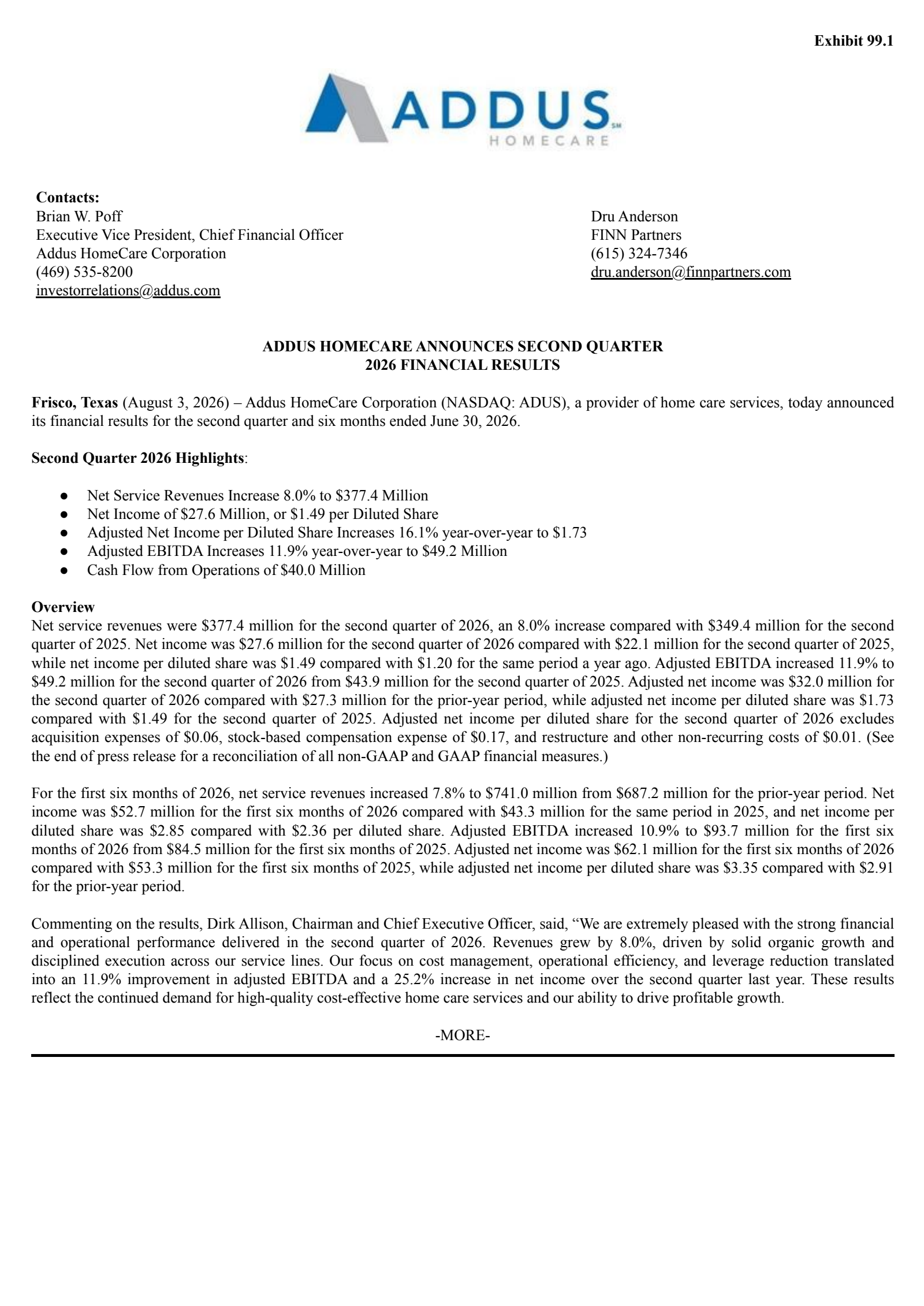 Addus HomeCare's Q2 2026 Press Release
