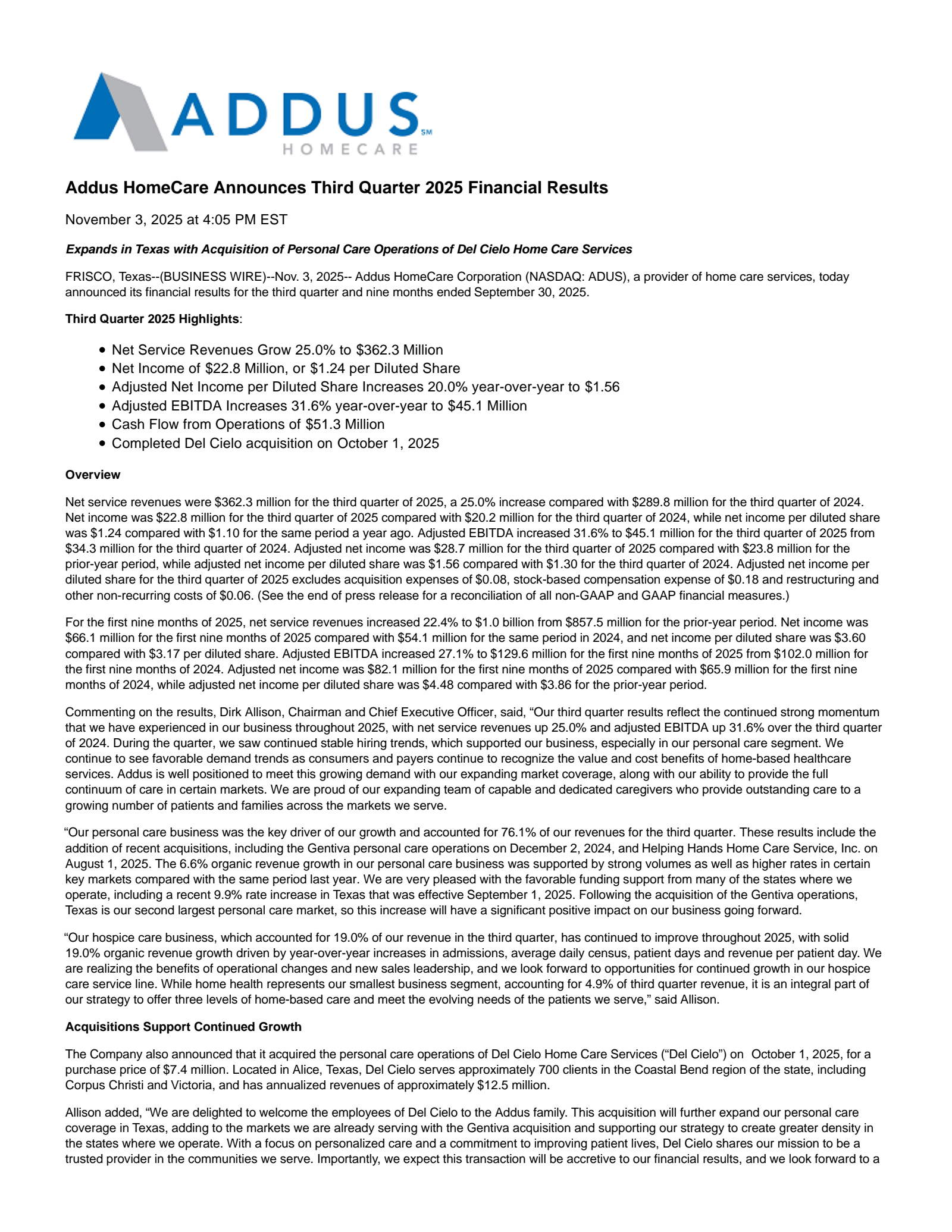 Addus HomeCare's Q3 2025 Earnings Release