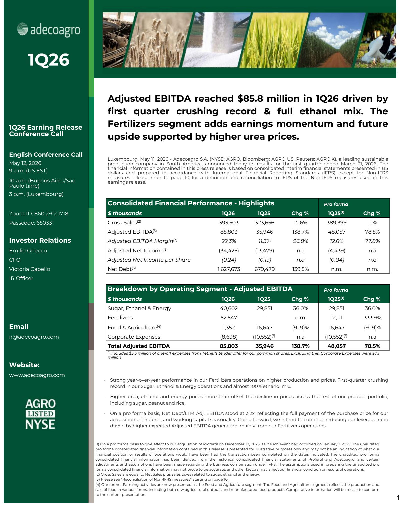 Adecoagro's Q1 2026 Press Release