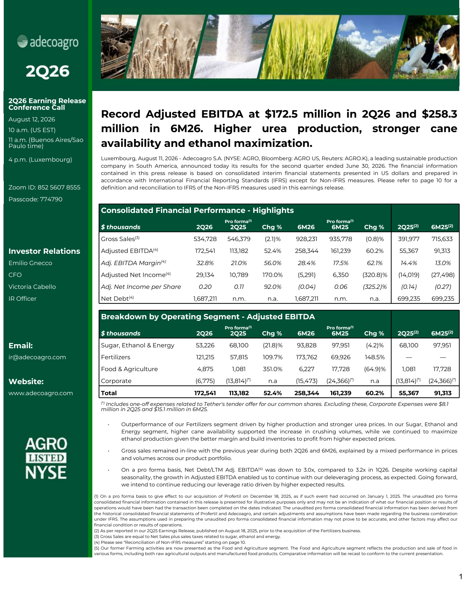 Adecoagro's Q2 2026 Press Release