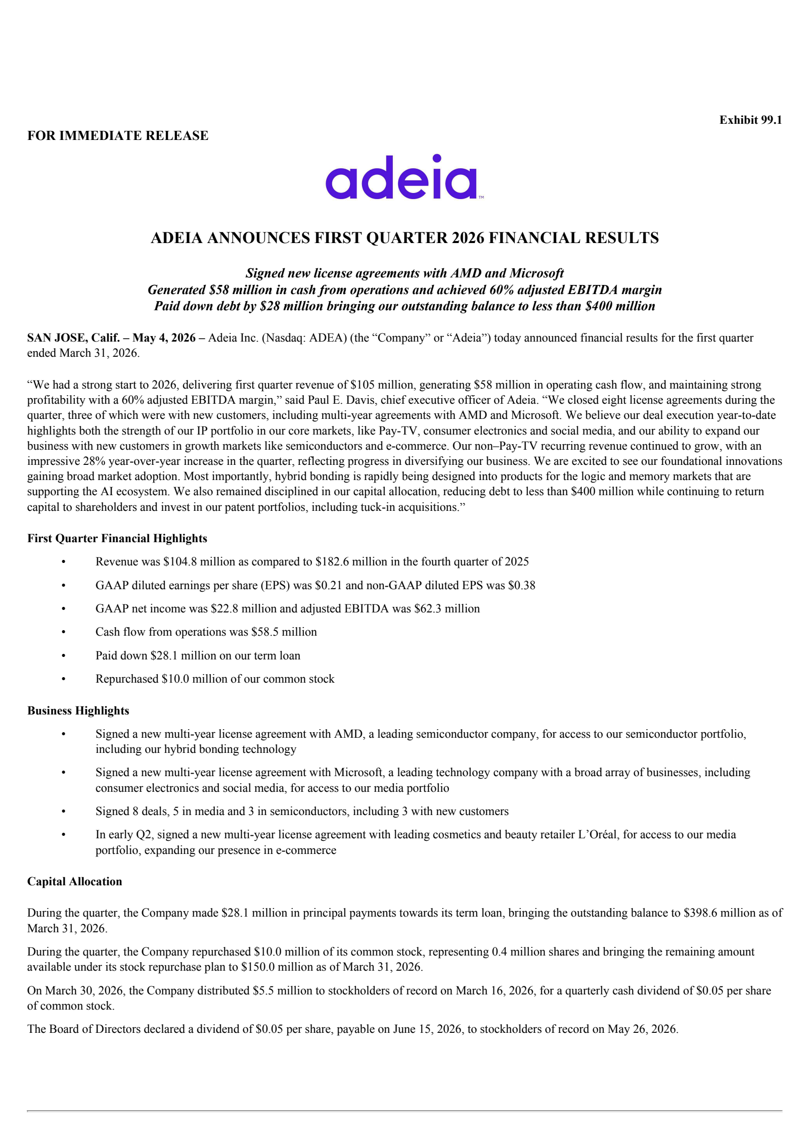 Adeia's Q1 2026 Press Release
