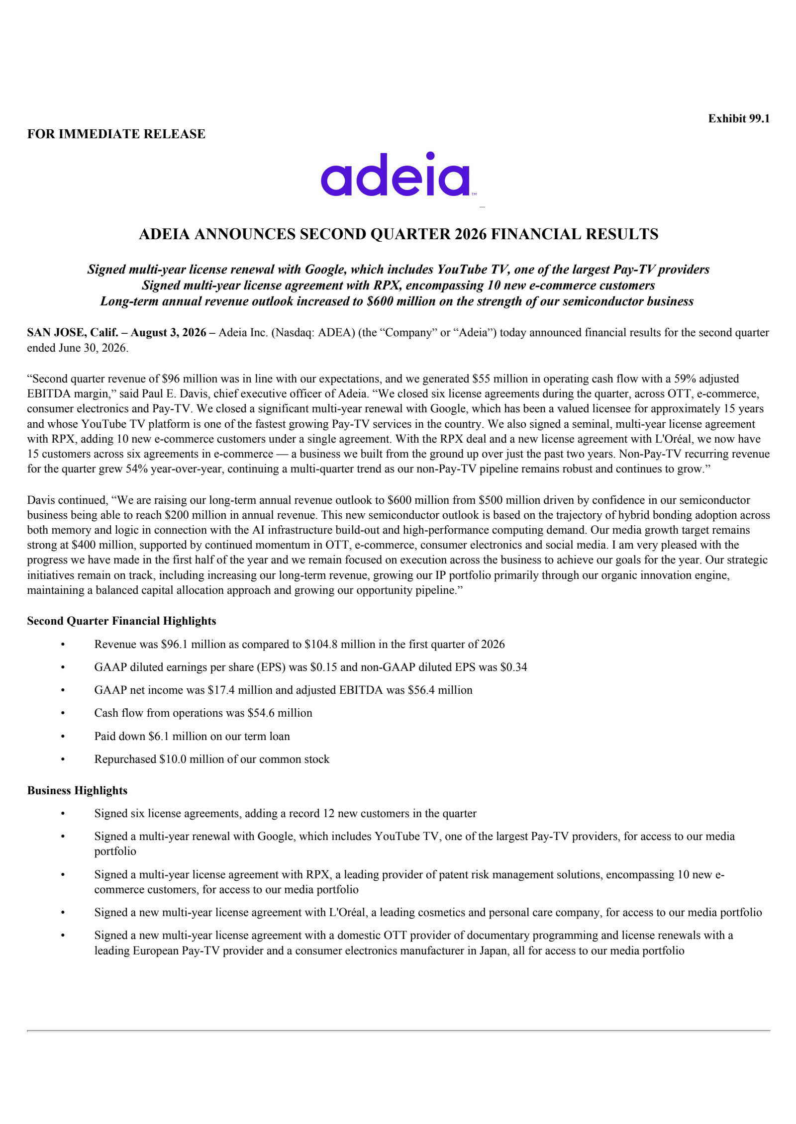 Adeia's Q2 2026 Press Release