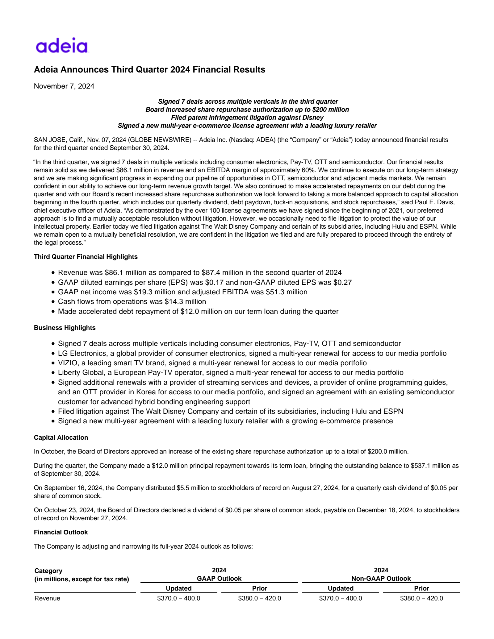 Adeia's Q3 2024 Press Release