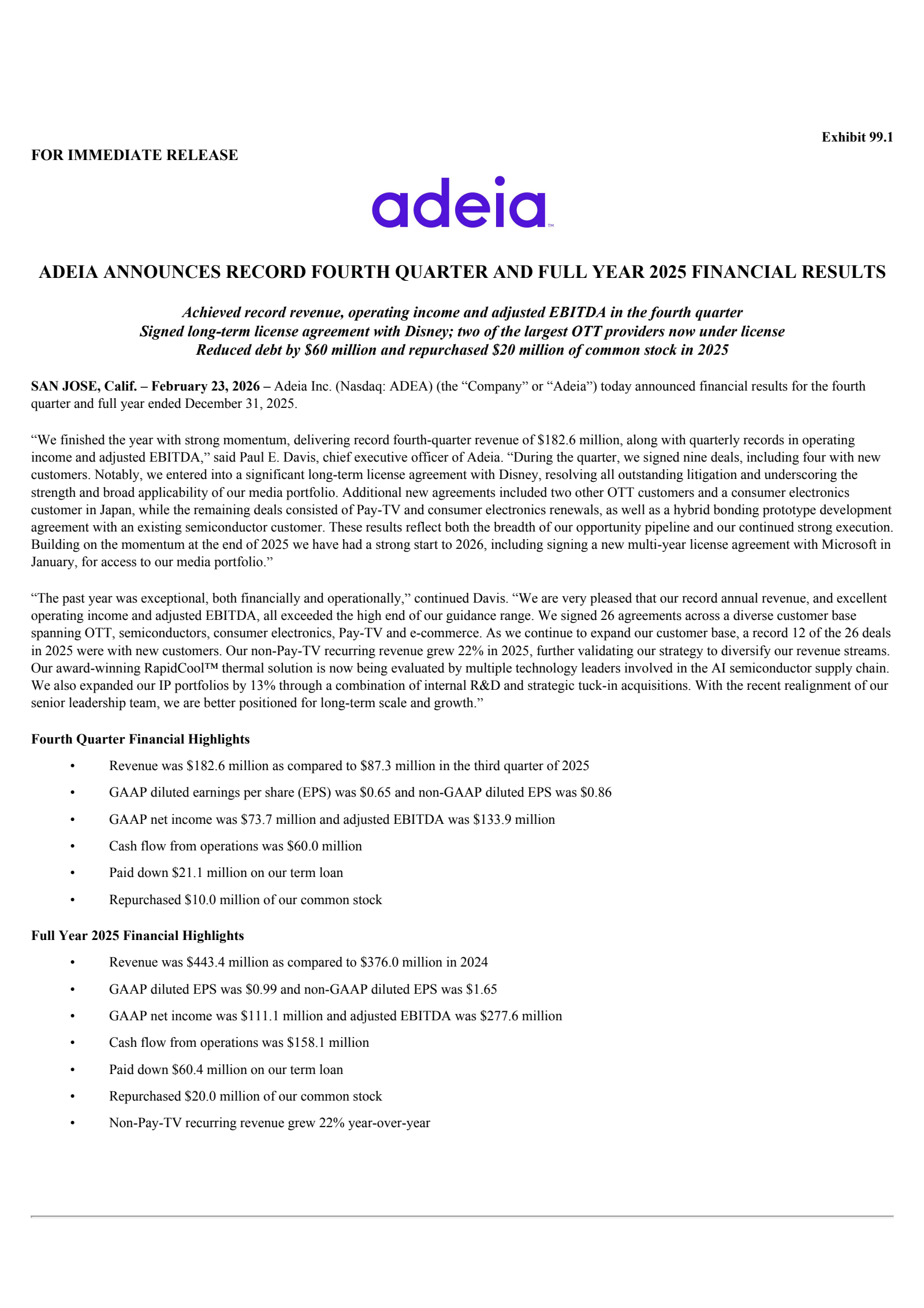 Adeia's Q4 2025 Press Release
