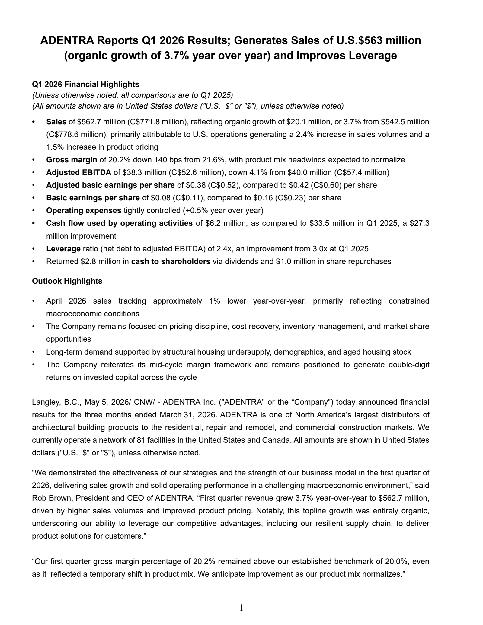 ADENTRA's Q1 2026 Press Release
