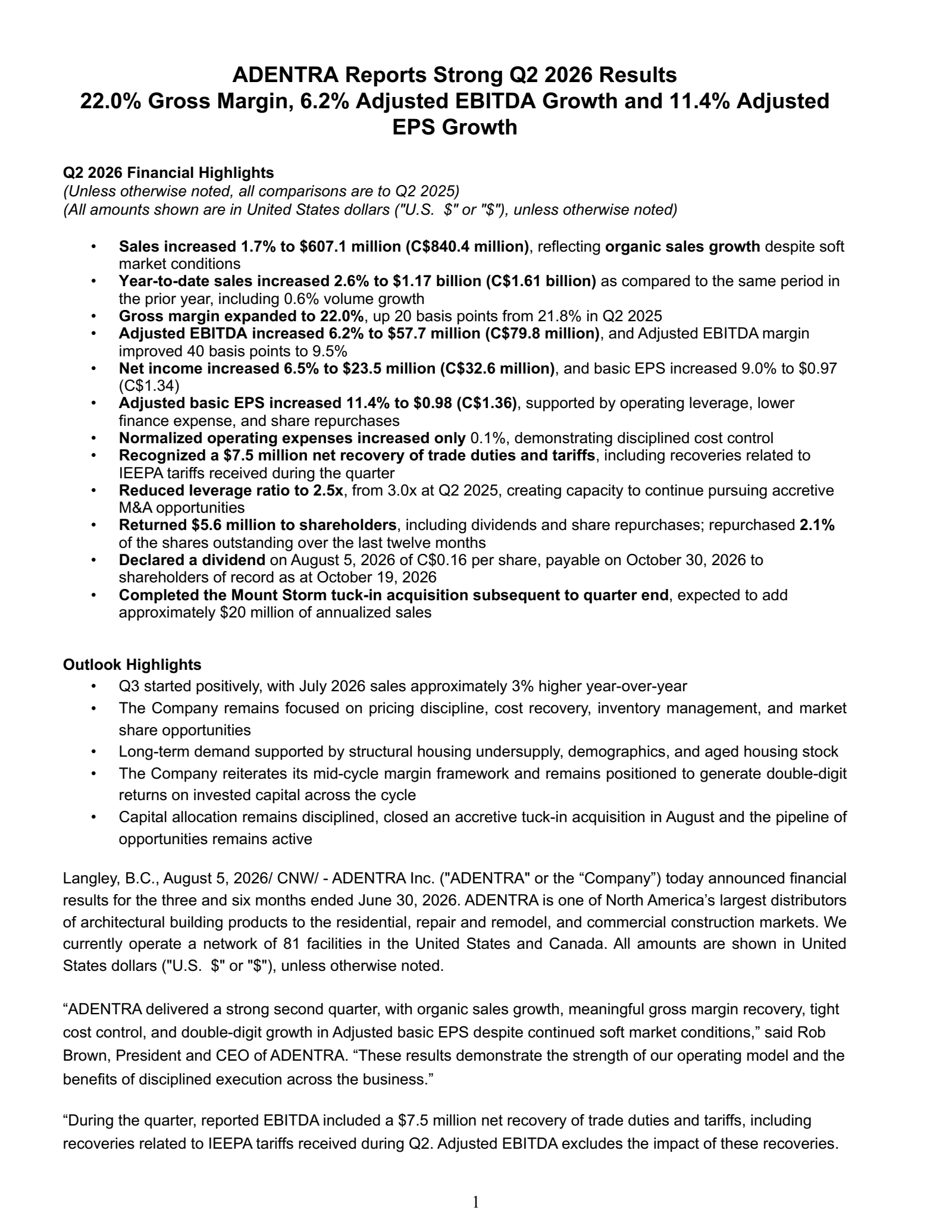 ADENTRA's Q2 2026 Press Release