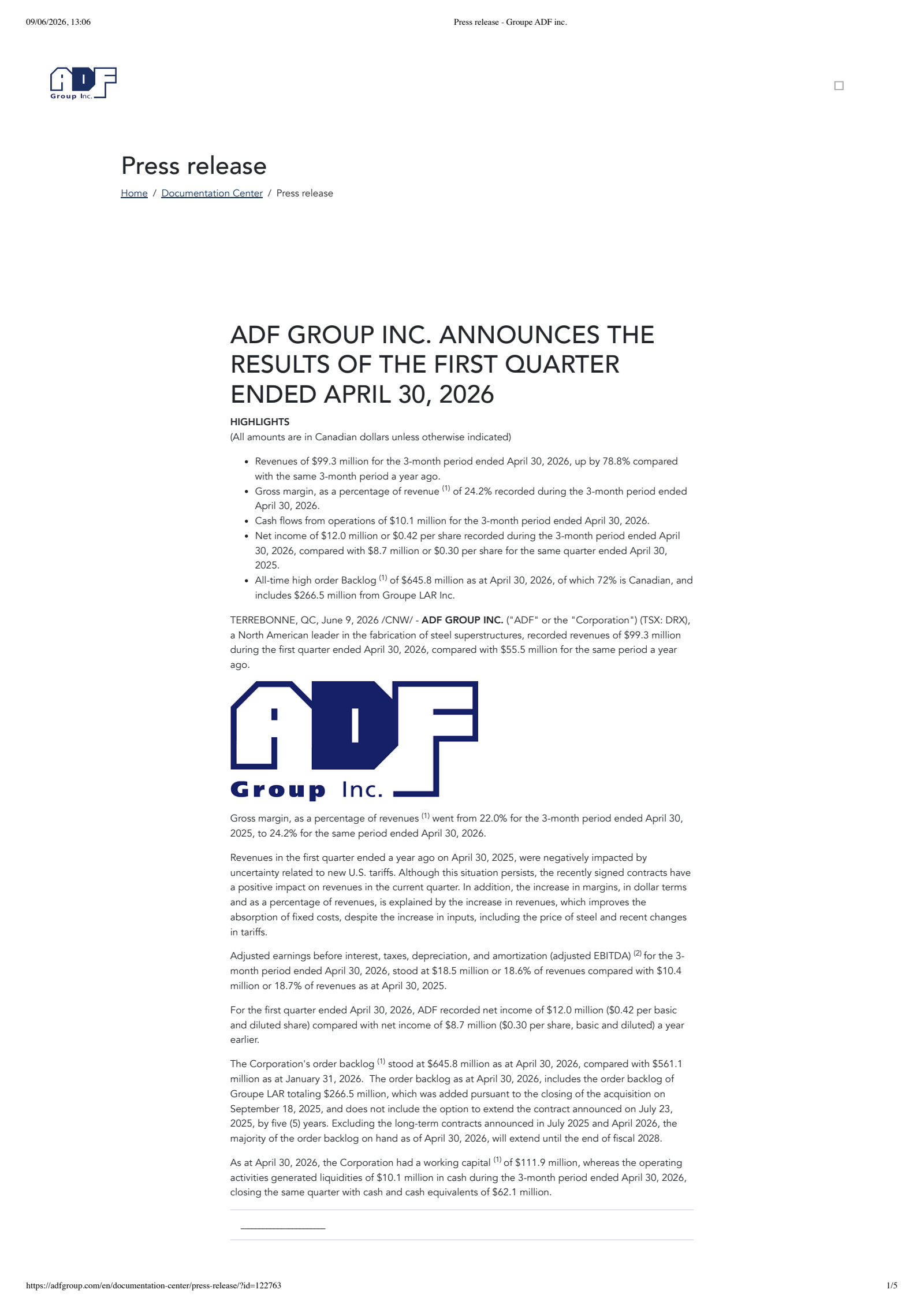 ADF Group's Q1 2027 Press Release