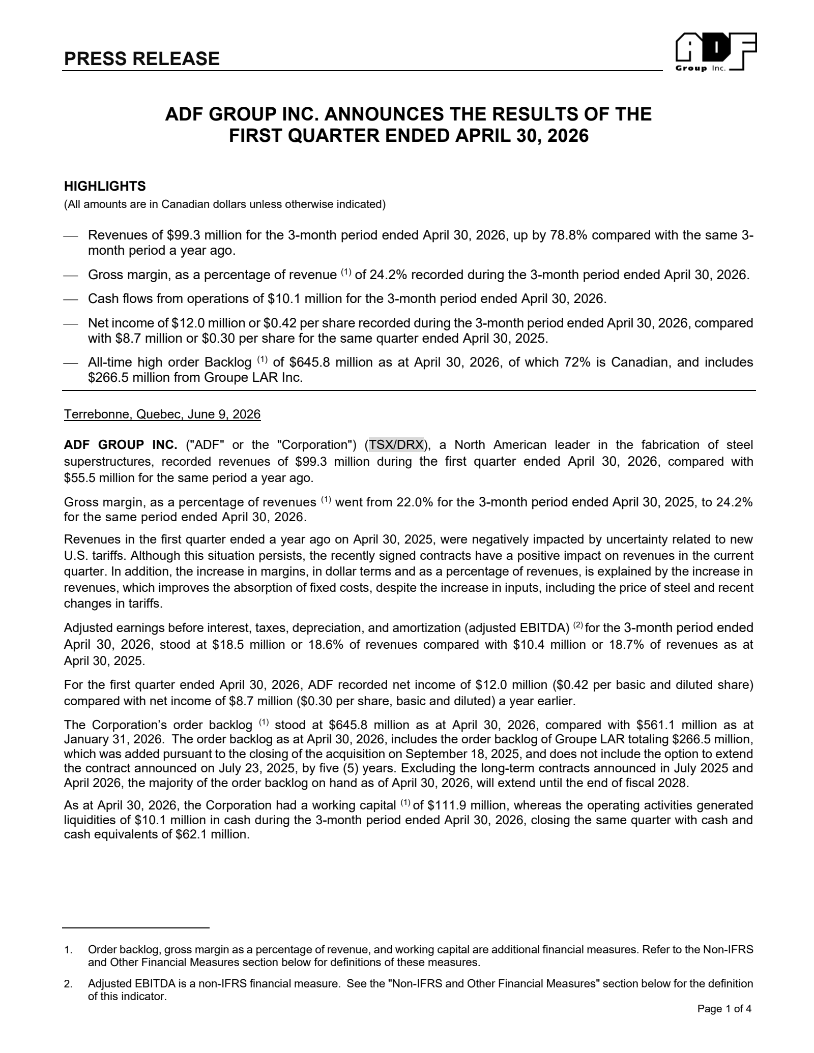 ADF Group's Q1 2027 Press Release