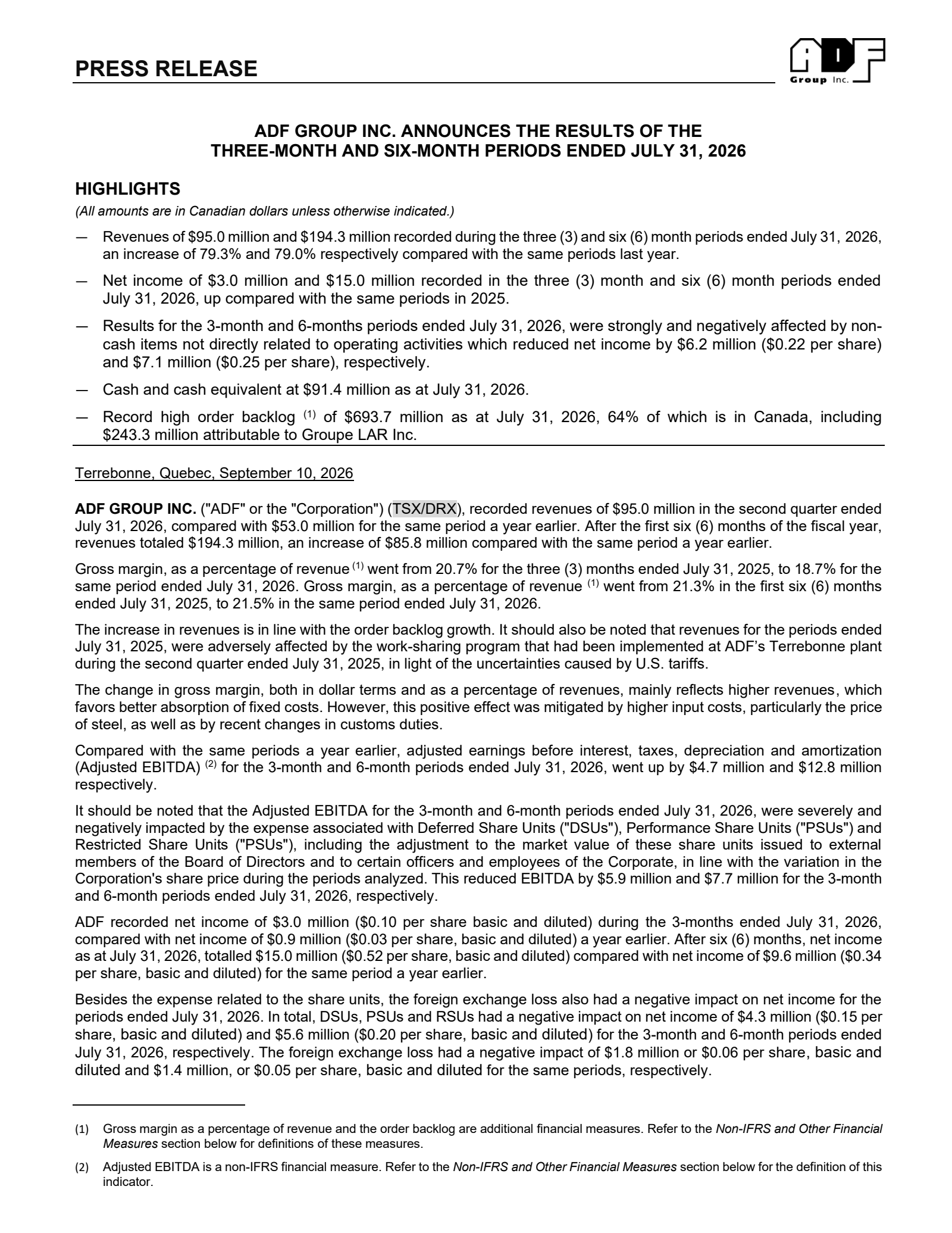 ADF Group's Q2 2027 Press Release