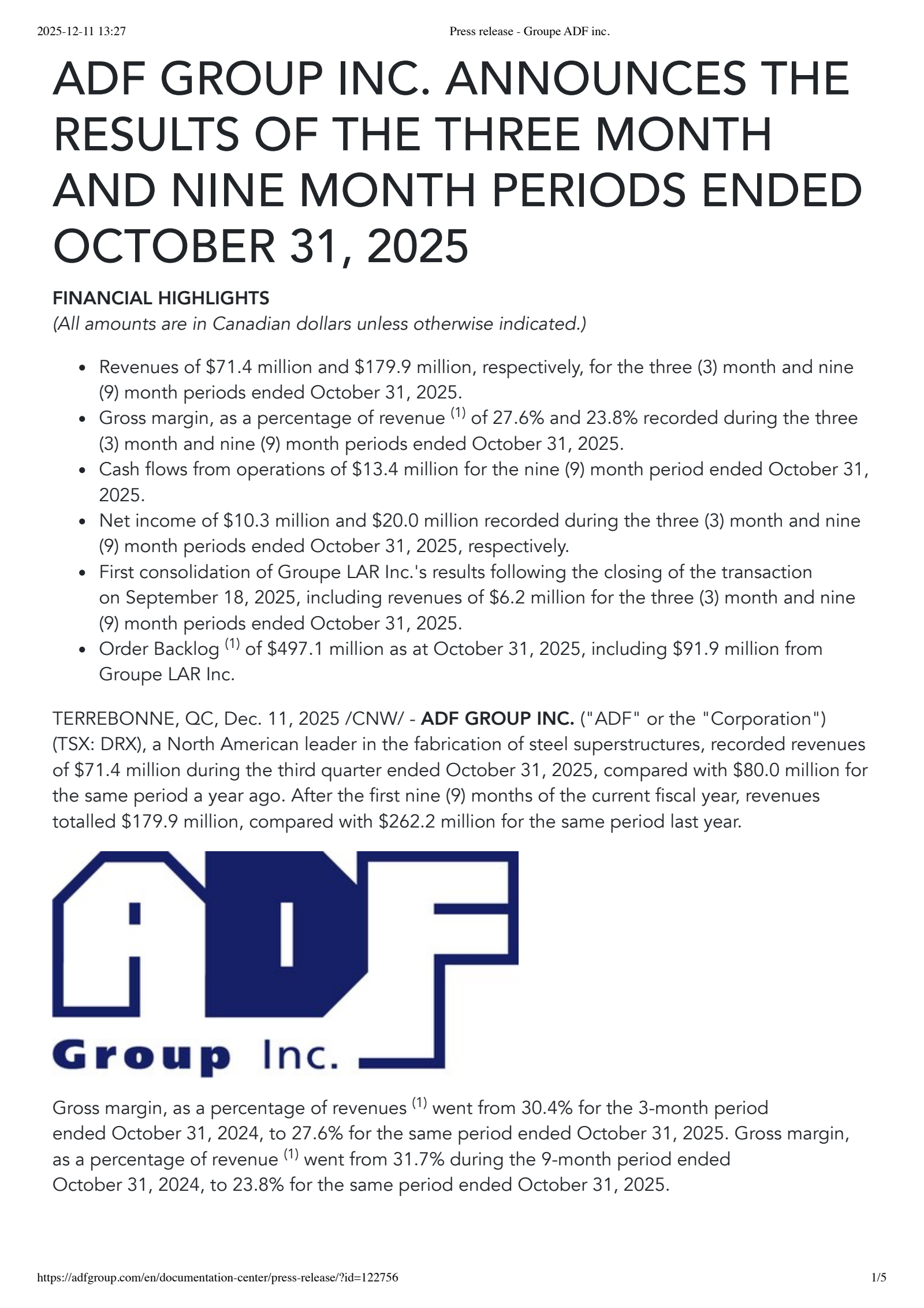 ADF Group's Q3 2026 Earnings Release