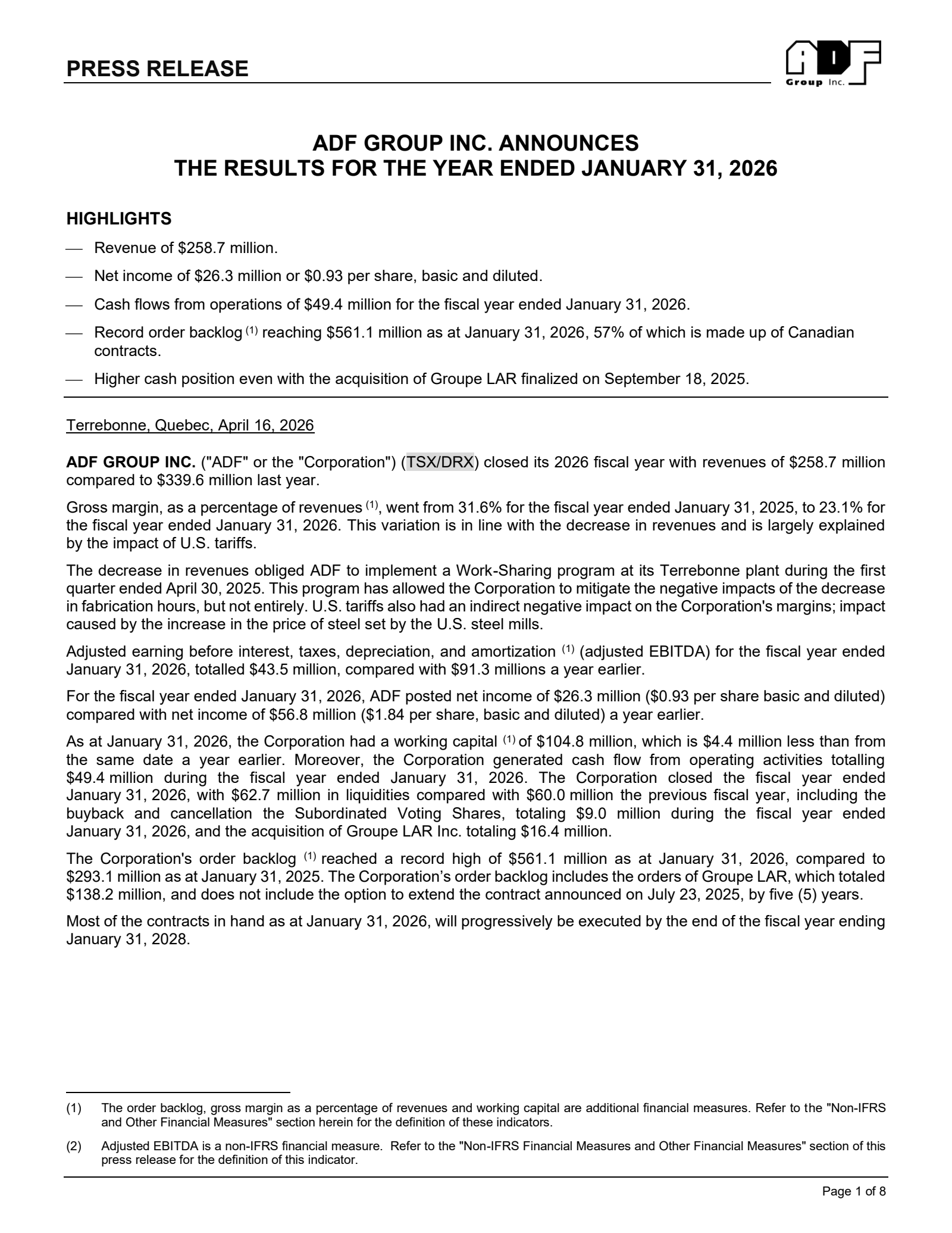 ADF Group's Q4 2026 Press Release