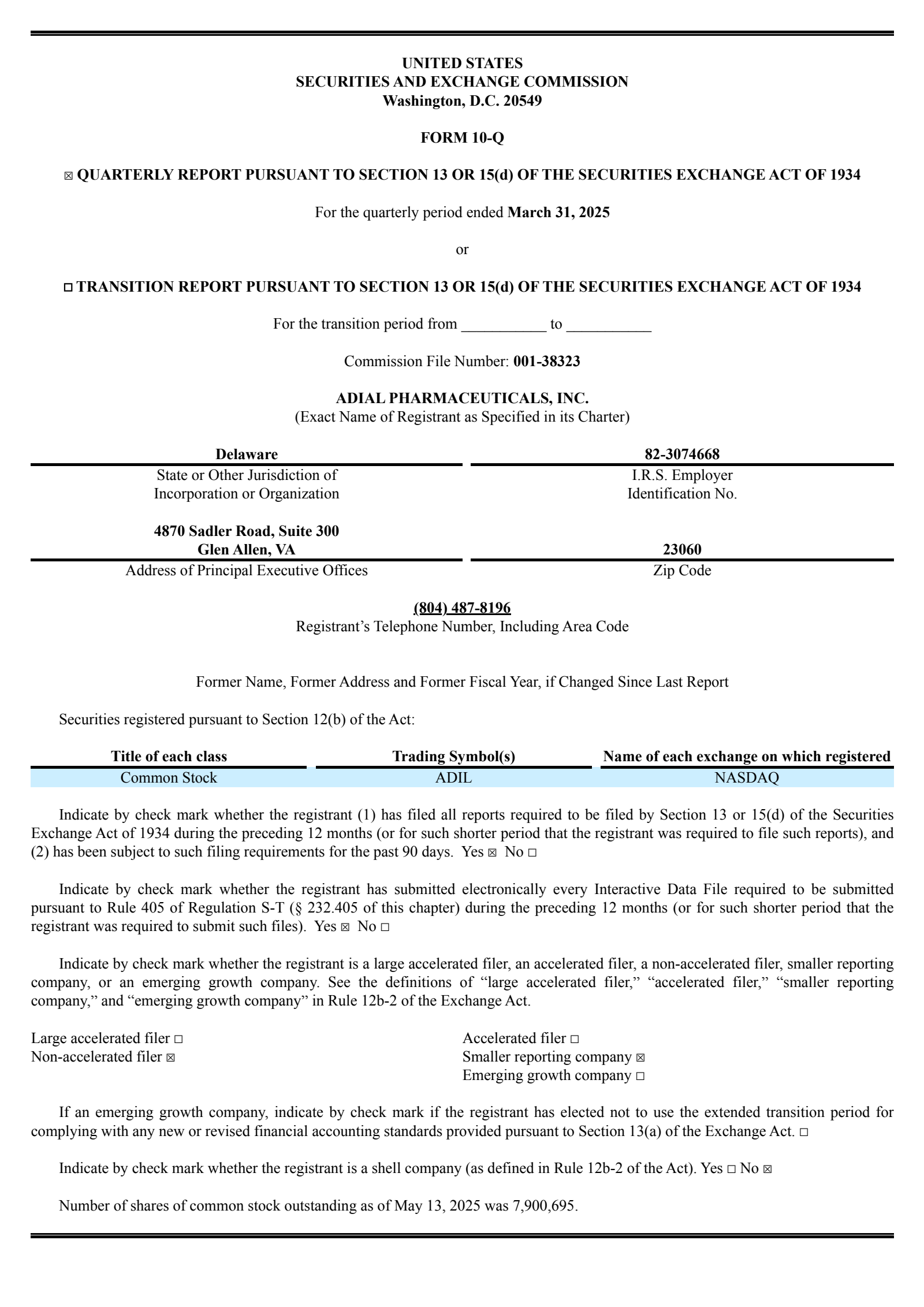 Adial Pharmaceuticals' Q1 2025 Quarterly report