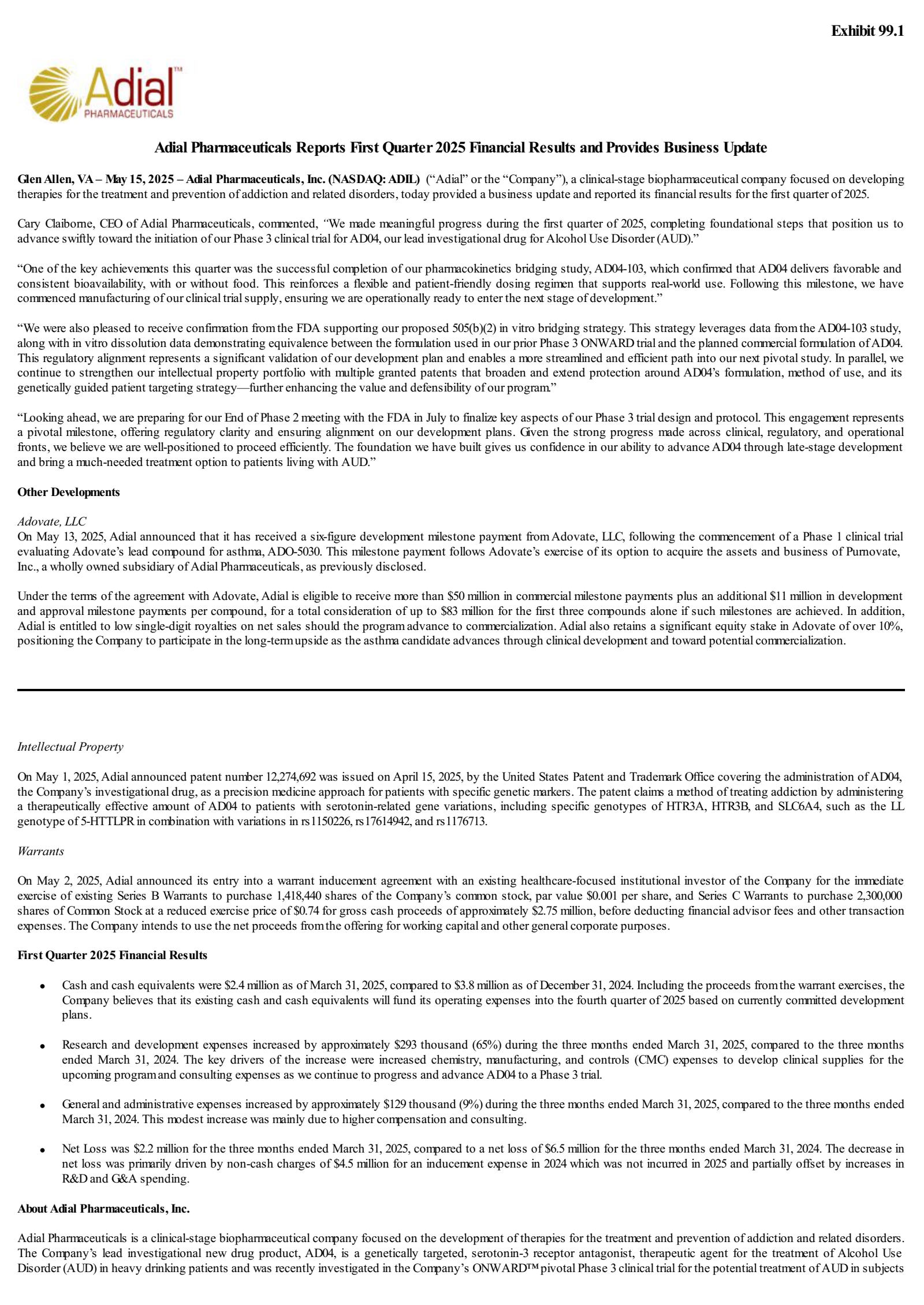 Adial Pharmaceuticals' Q1 2025 Press Release
