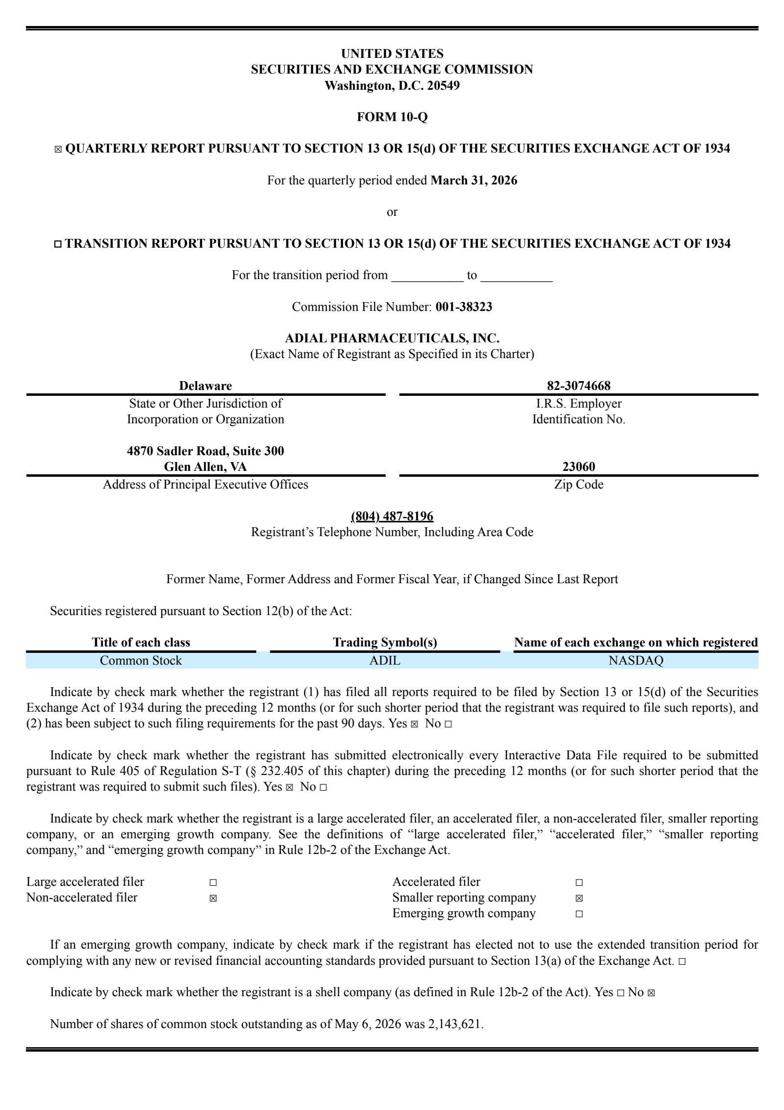 Adial Pharmaceuticals' Q1 2026 Quarterly report