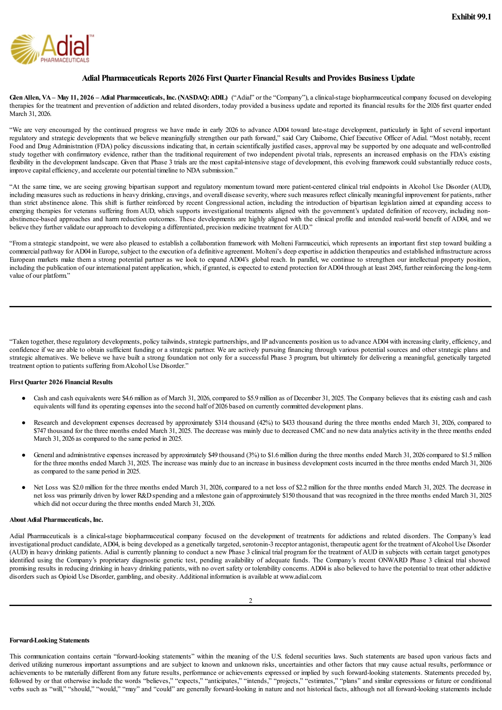 Adial Pharmaceuticals' Q1 2026 Press Release
