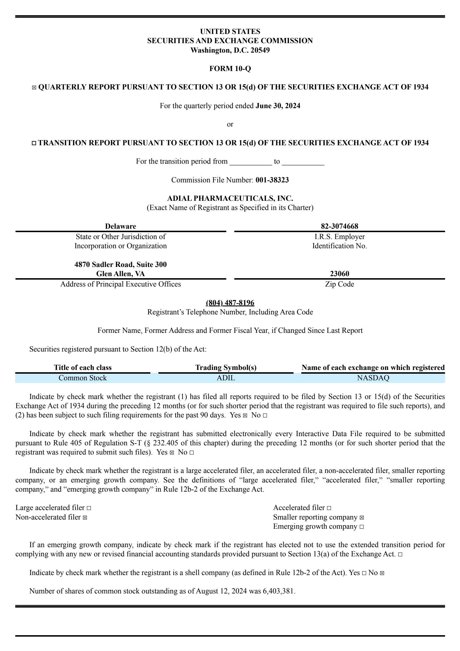 Adial Pharmaceuticals' Q2 2024 Quarterly report