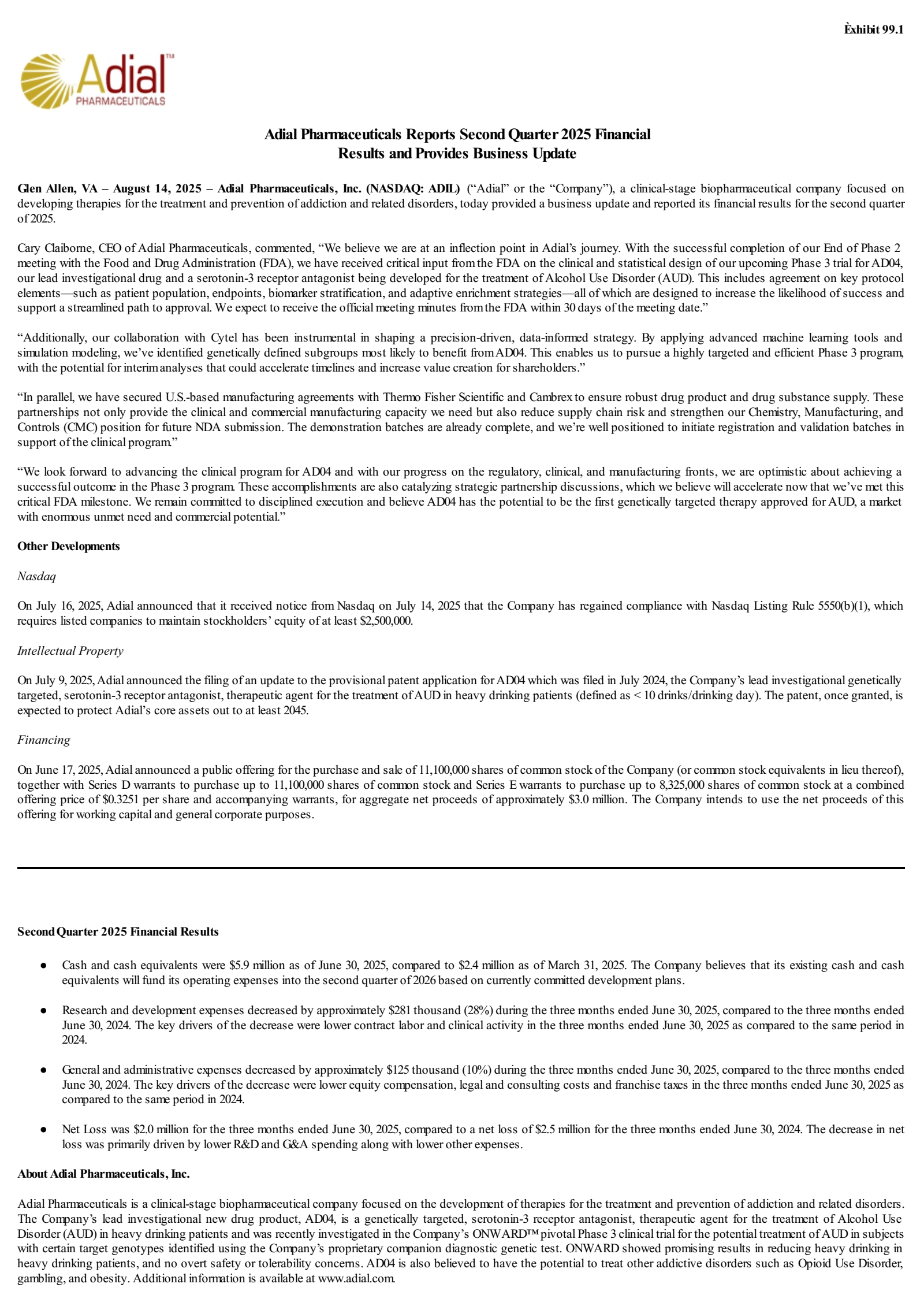 Adial Pharmaceuticals' Q2 2025 Press Release