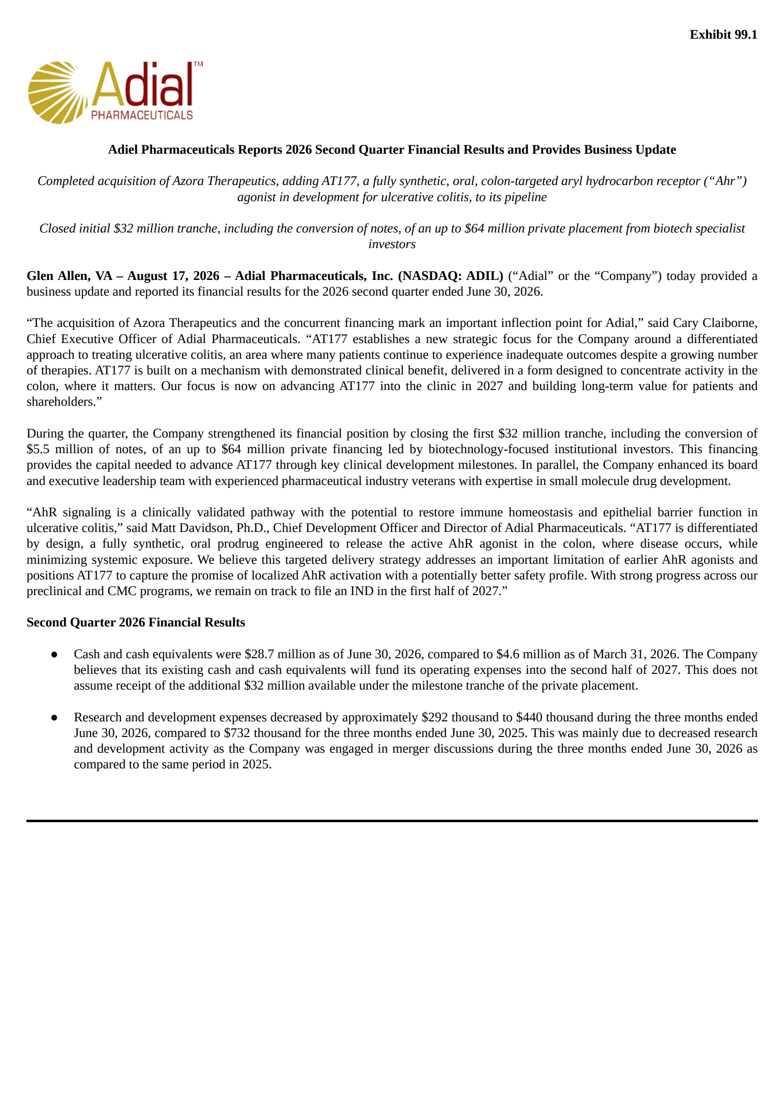 Adial Pharmaceuticals' Q2 2026 Press Release