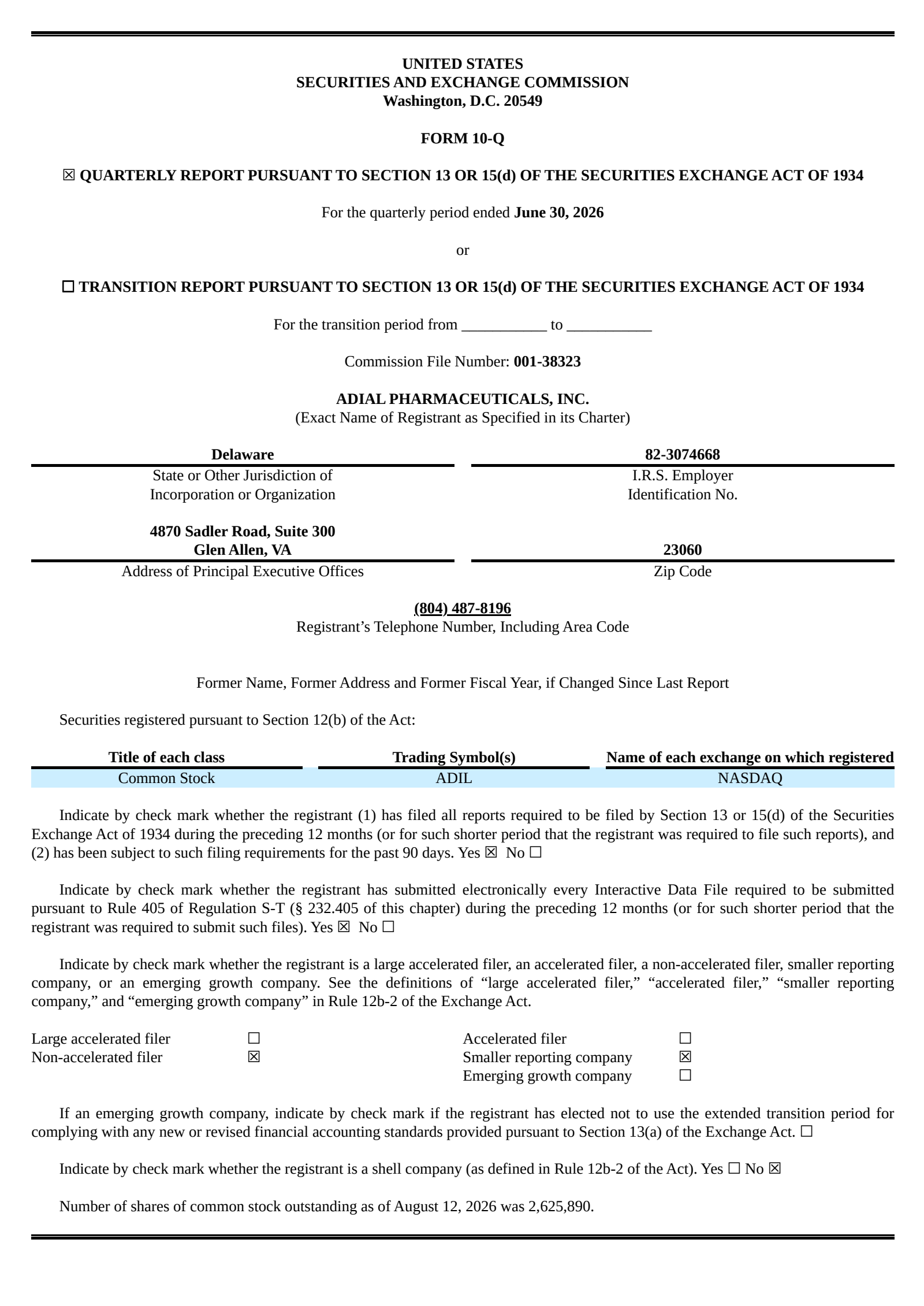 Adial Pharmaceuticals' Q2 2026 Quarterly report