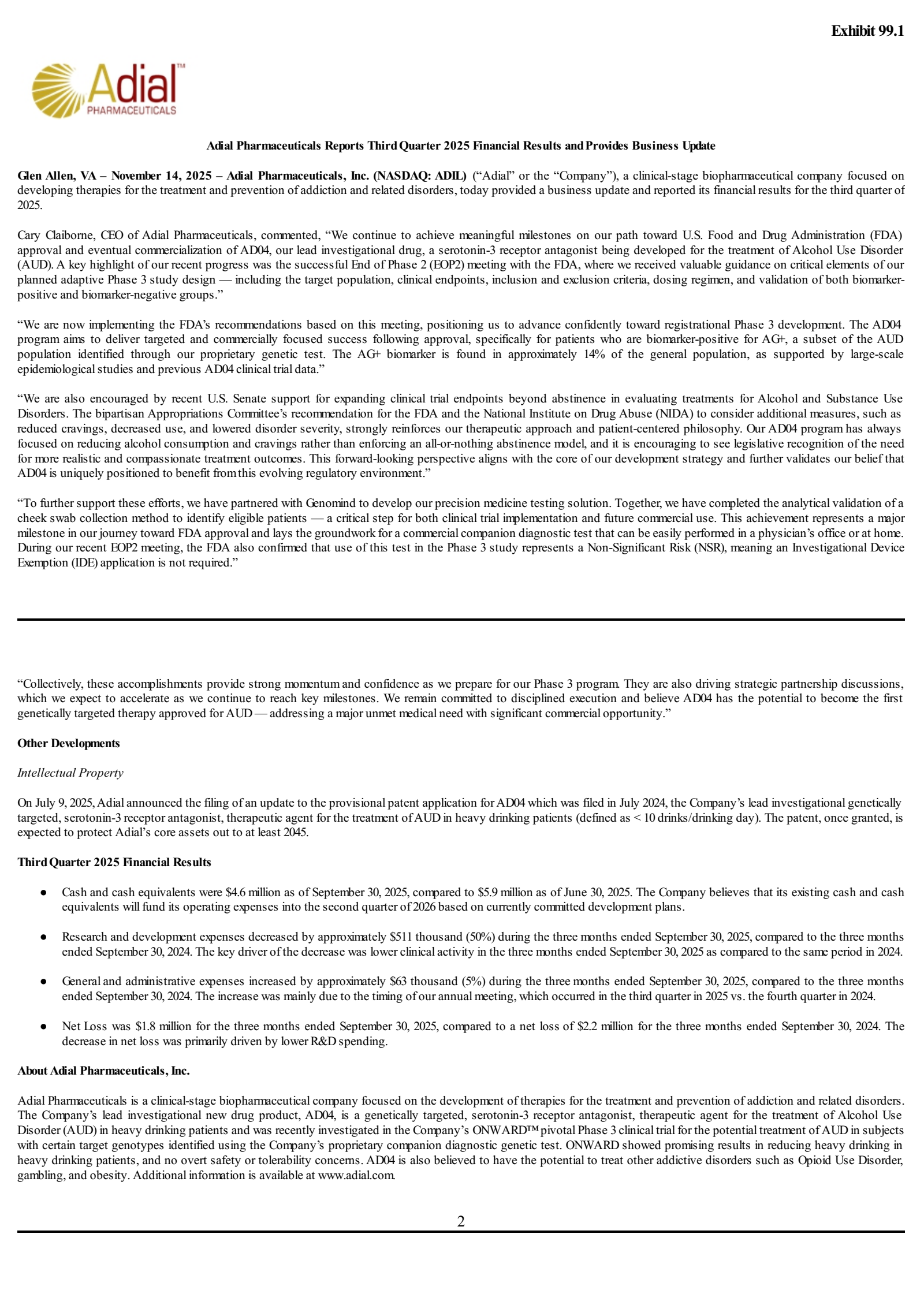 Adial Pharmaceuticals' Q3 2025 Press Release