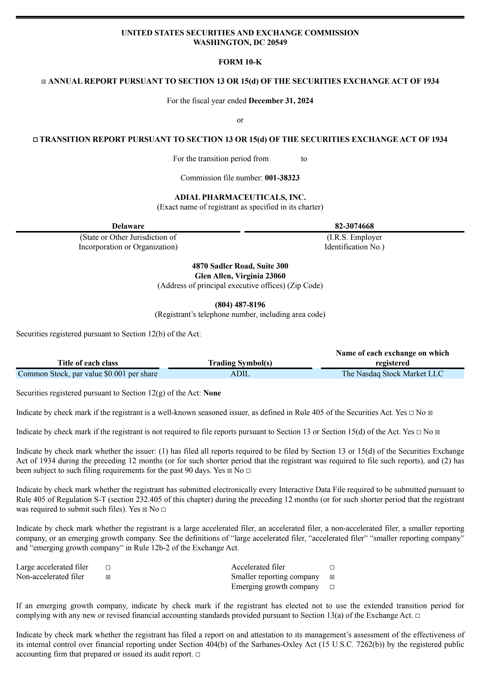 Adial Pharmaceuticals' Q4 2024 Annual report
