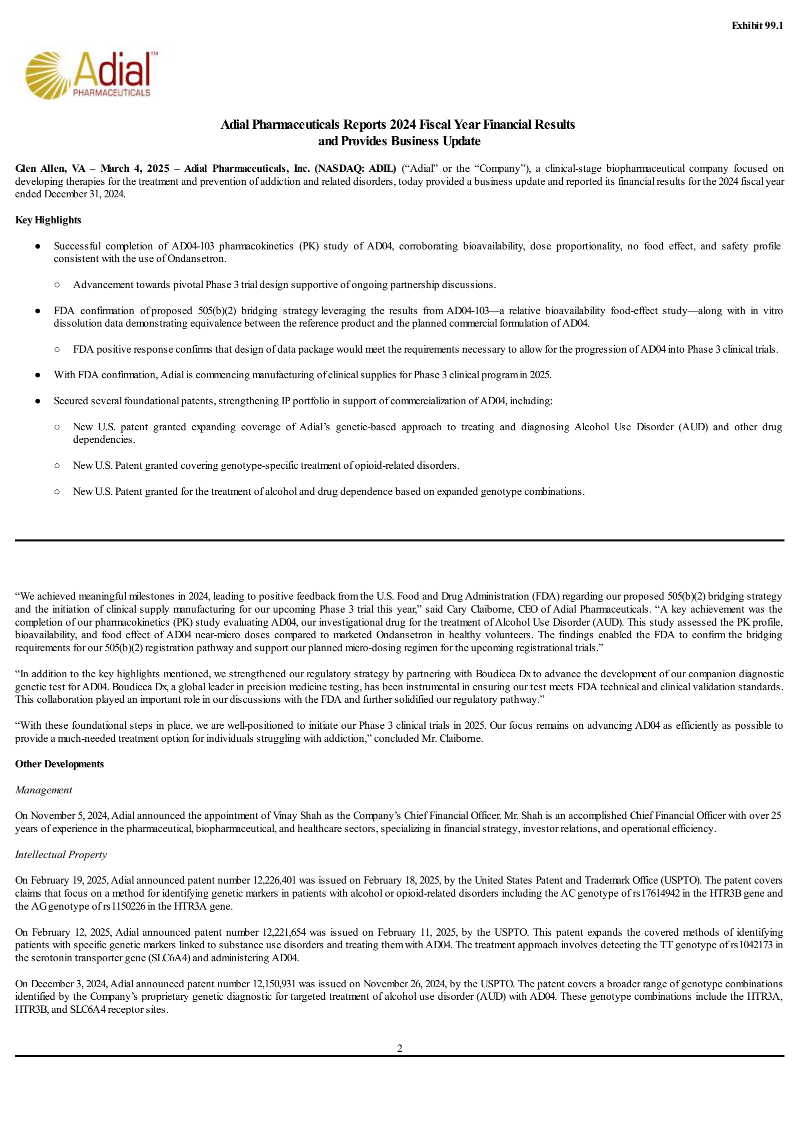 Adial Pharmaceuticals' Q4 2024 Press Release