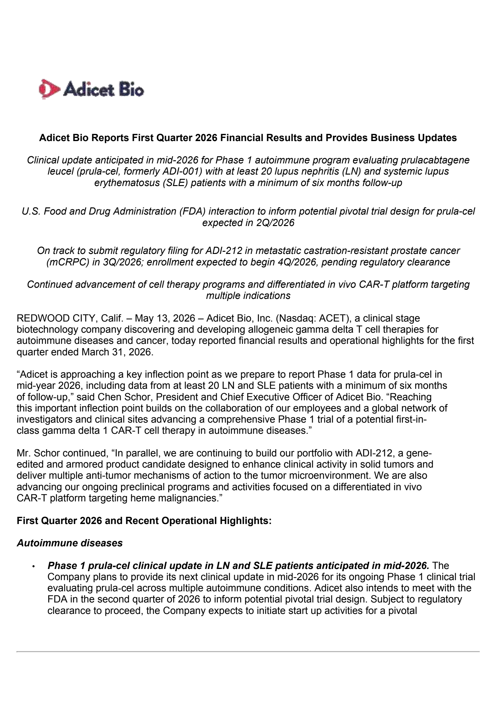 Adicet Bio's Q1 2026 Press Release