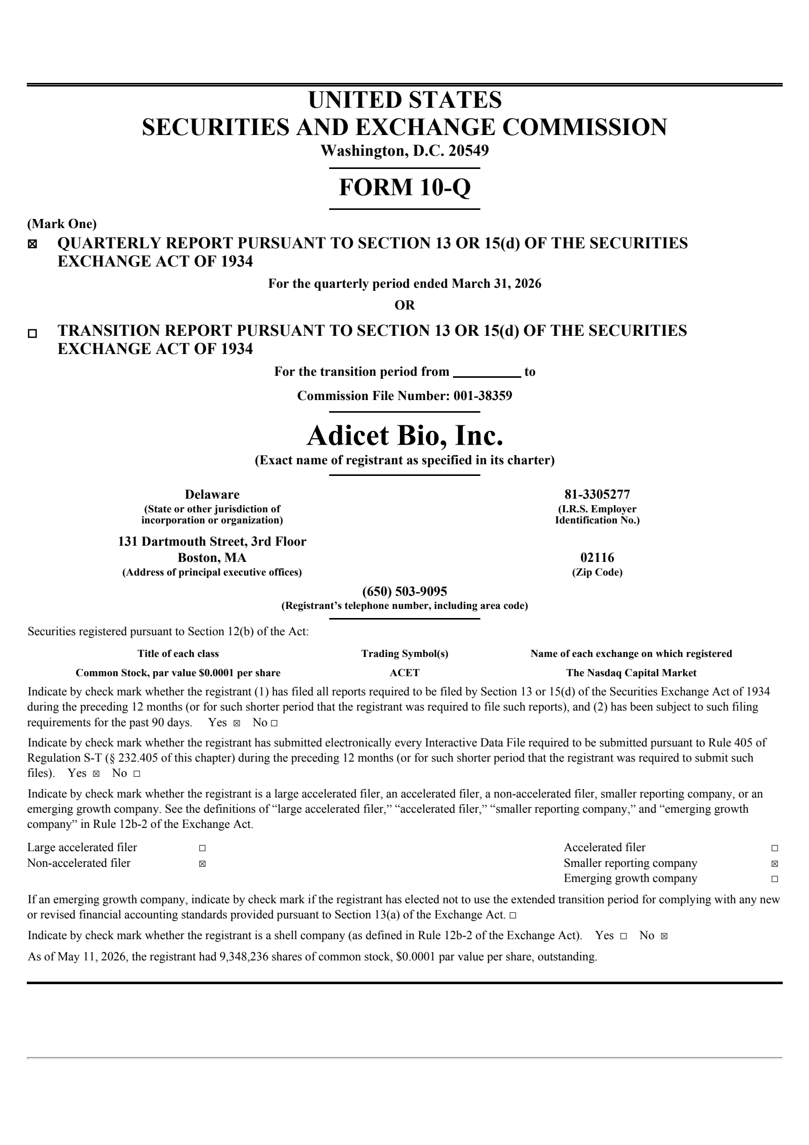 Adicet Bio's Q1 2026 Quarterly report