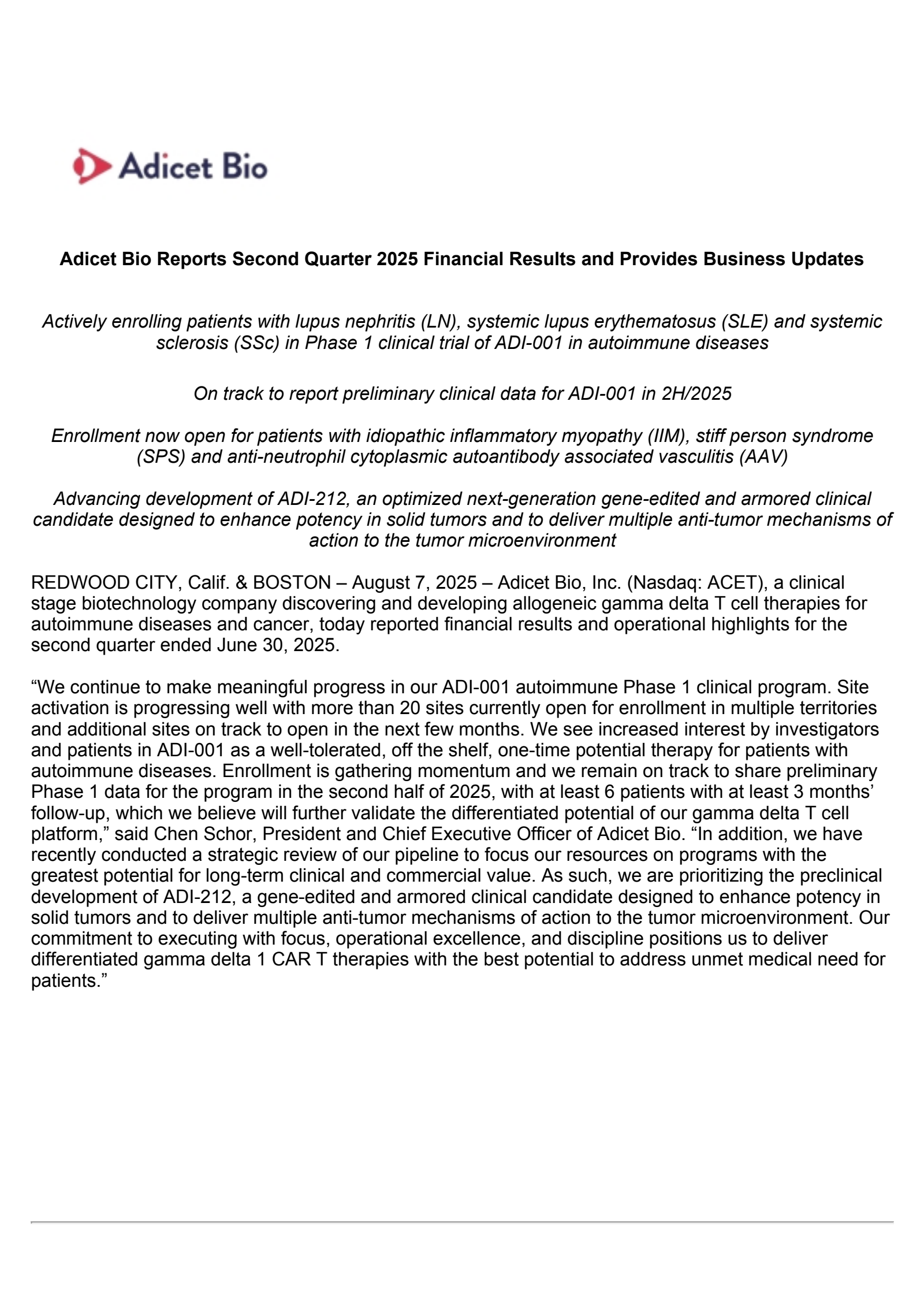 Adicet Bio's Q2 2025 Press Release