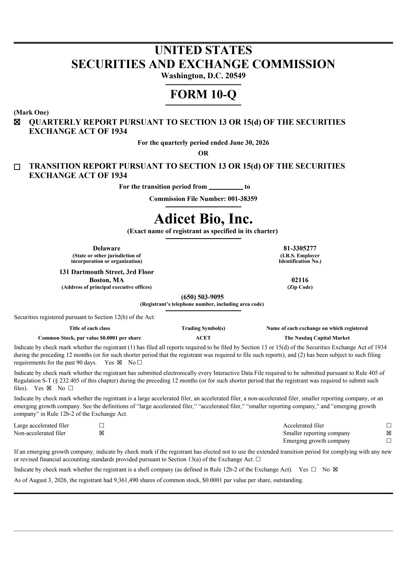 Adicet Bio's Q2 2026 Quarterly report