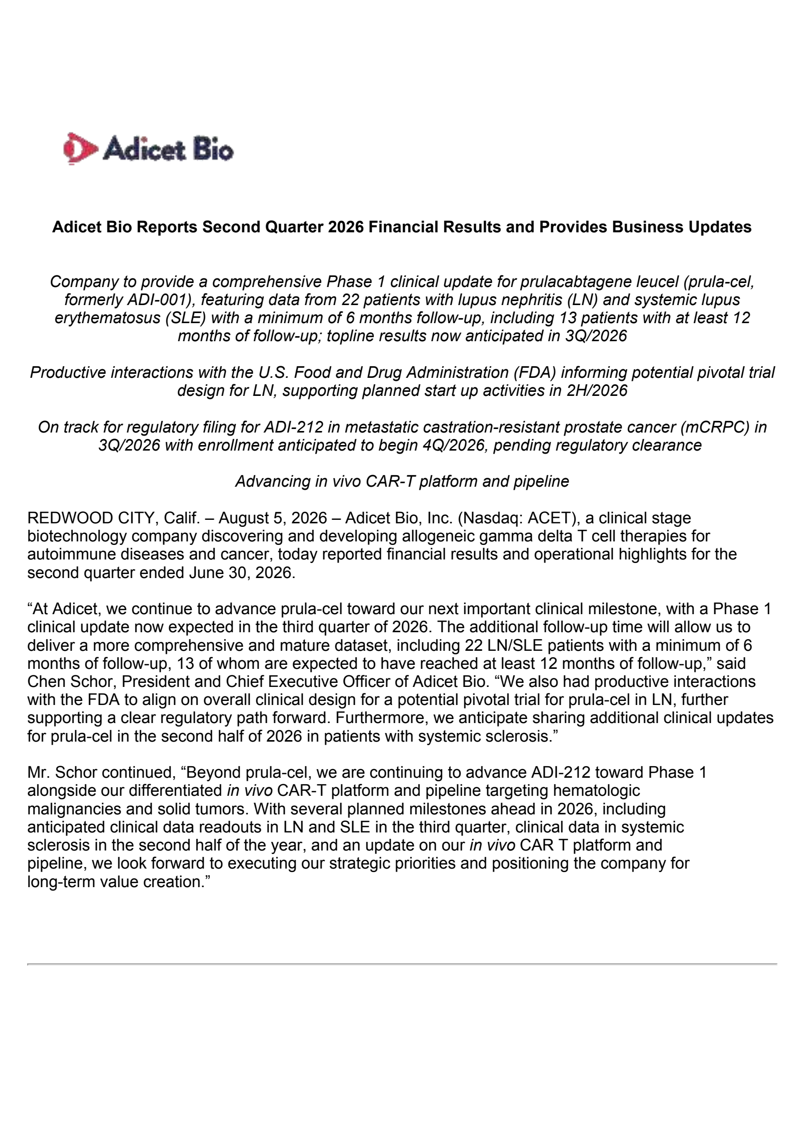 Adicet Bio's Q2 2026 Press Release