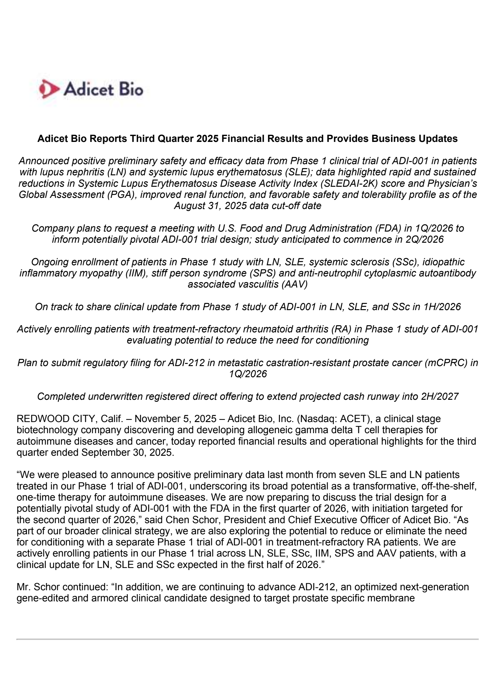 Adicet Bio's Q3 2025 Earnings Release