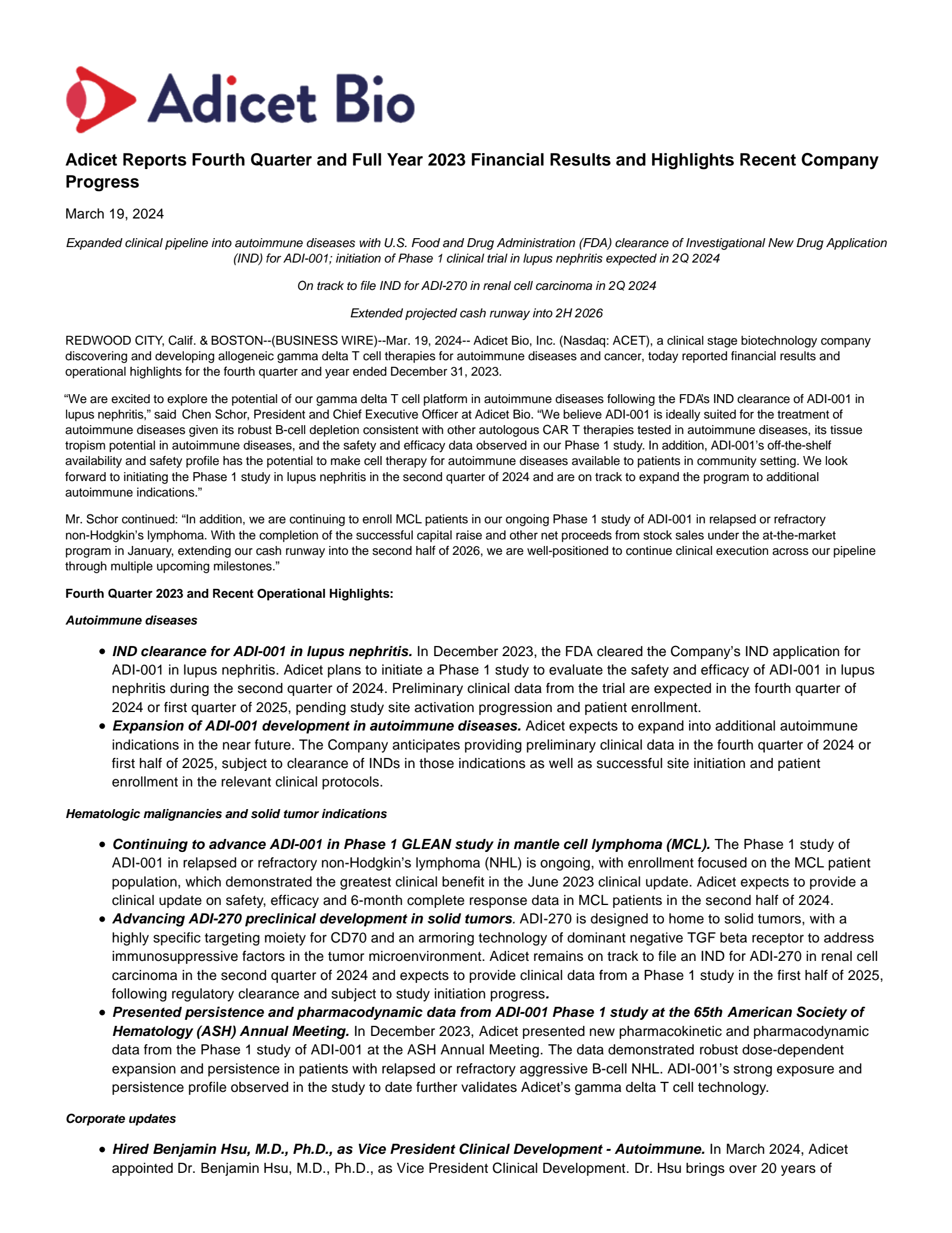Adicet Bio's Q4 2023 Press Release