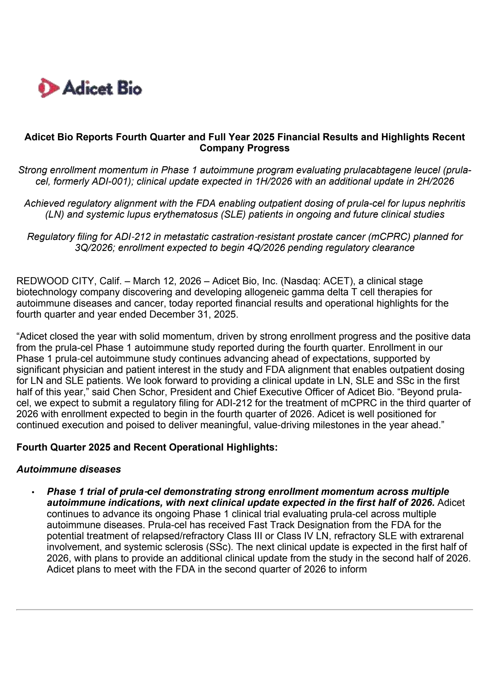 Adicet Bio's Q4 2025 Press Release
